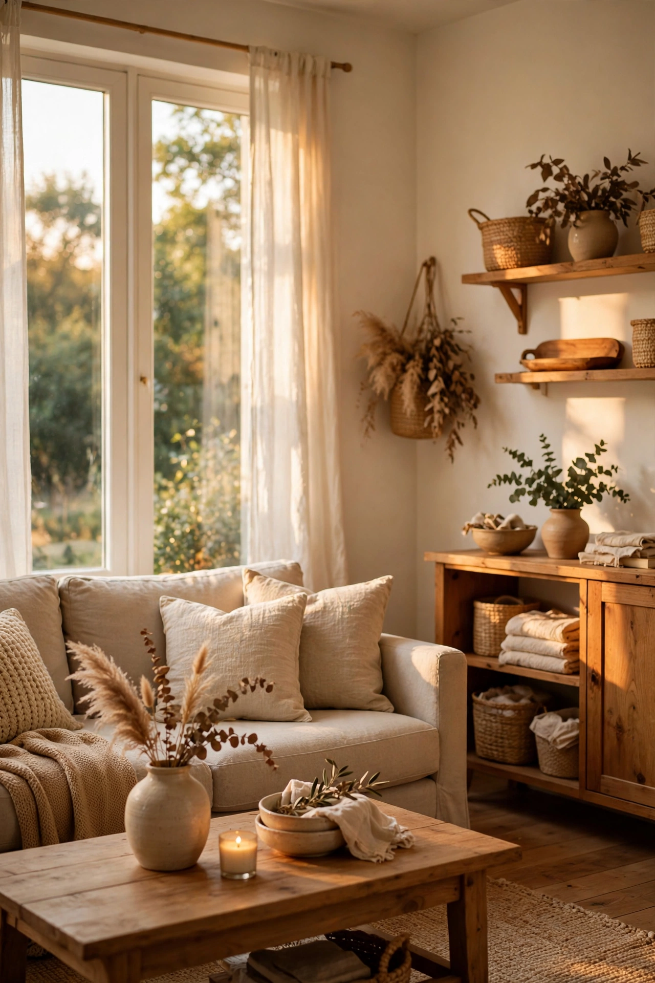 Warm white painted living room with creamy undertones glowing, budget decor
