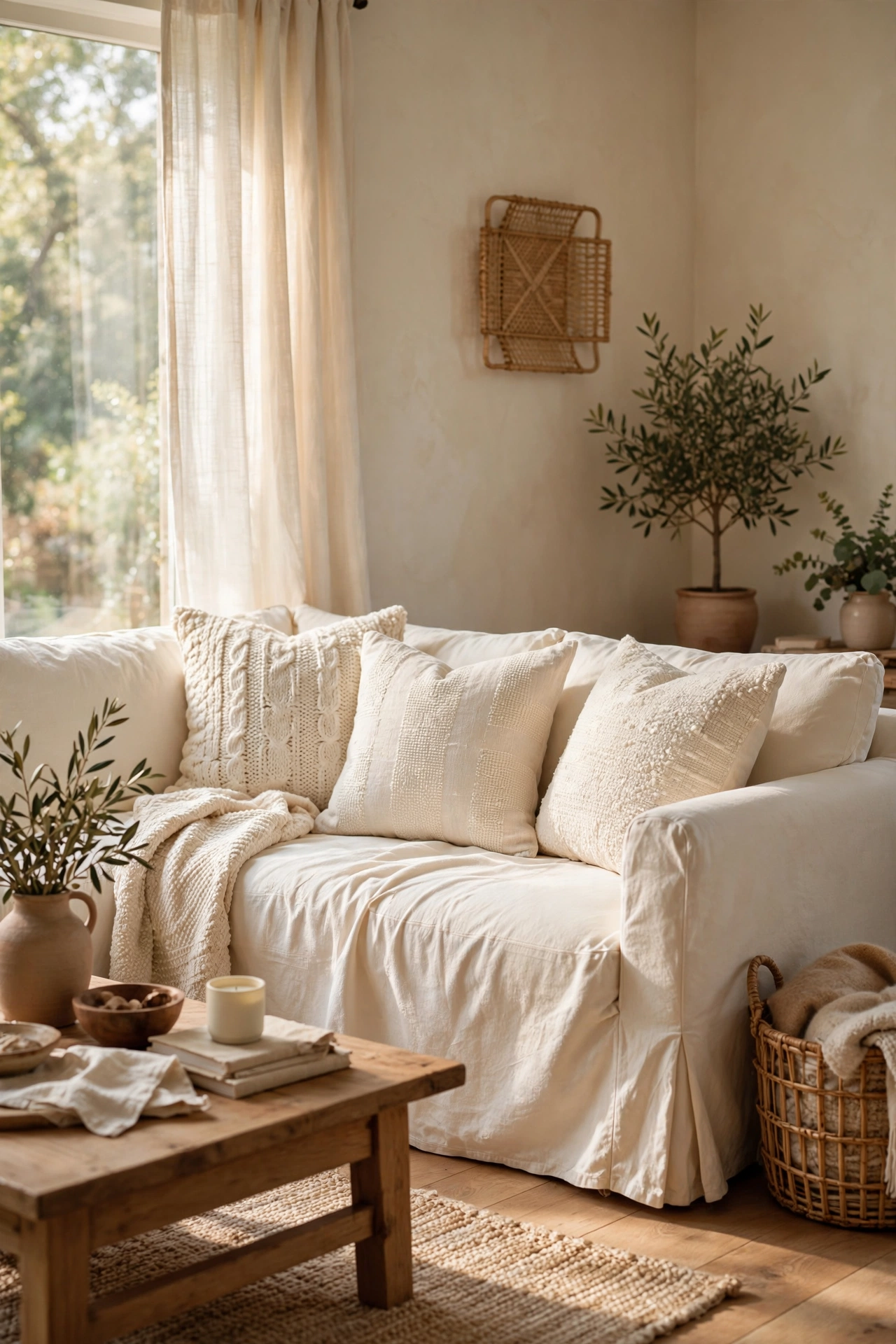 Cream slipcover over sofa in warm white living room, budget furniture refresh