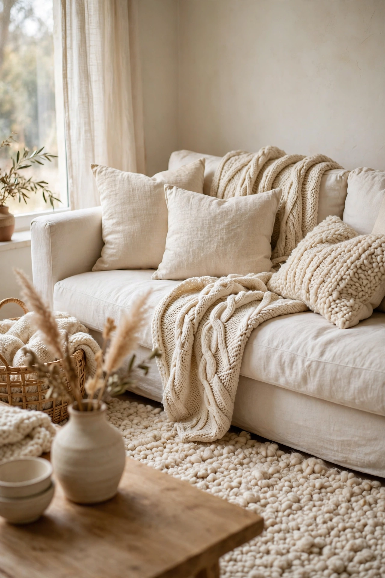 Layered cream knit linen and wool textiles on sofa, warm white living room decor