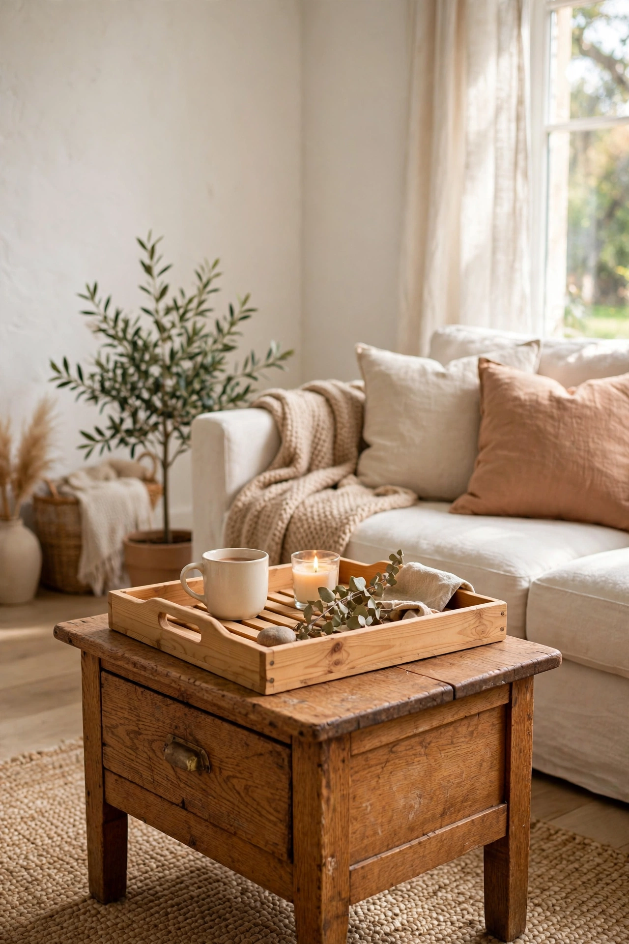 Warm oak side table and pine tray in white living room, budget warm accents