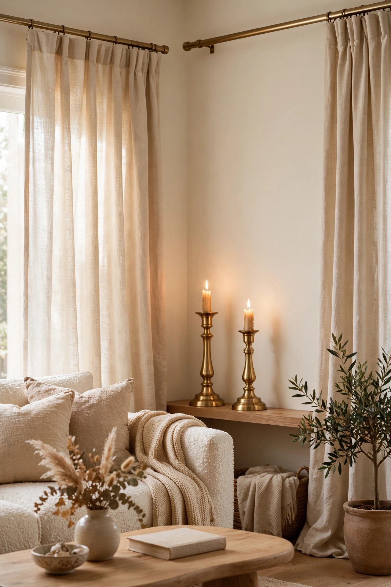 Brass curtain rod and candlesticks glowing against white walls, warm white living room