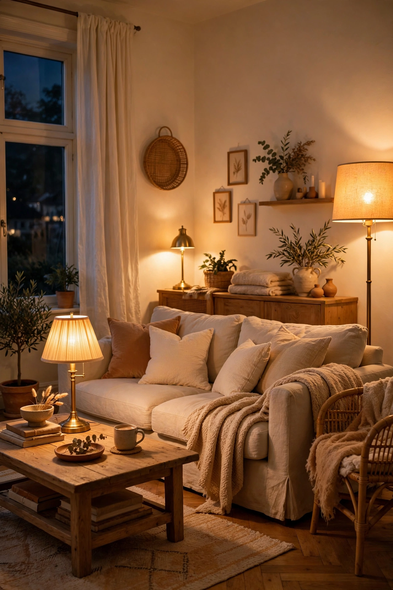Living room glowing with warm 2700K bulbs in evening, warm white decor