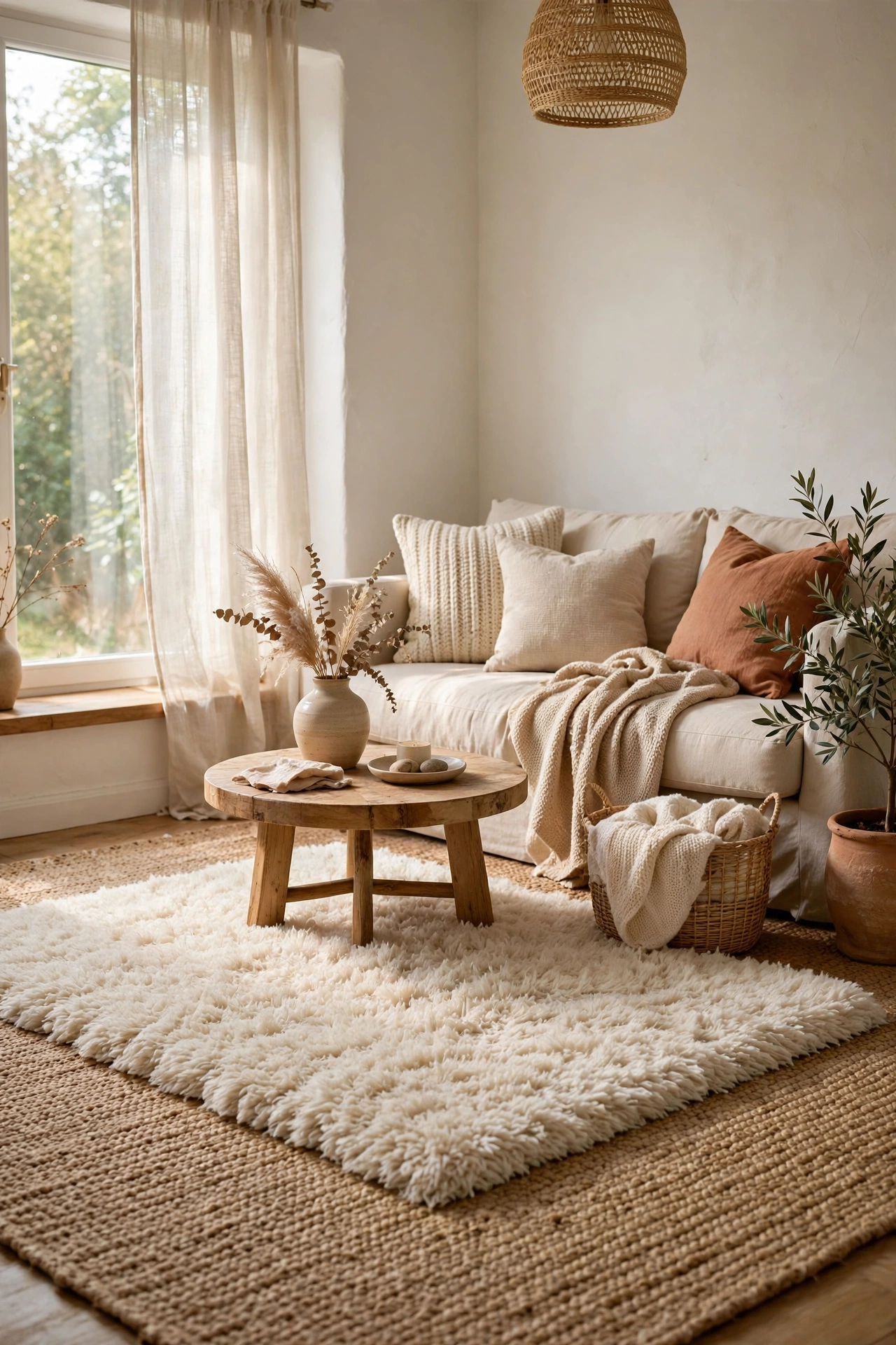 Cream shag rug layered over jute rug in warm white living room, budget idea