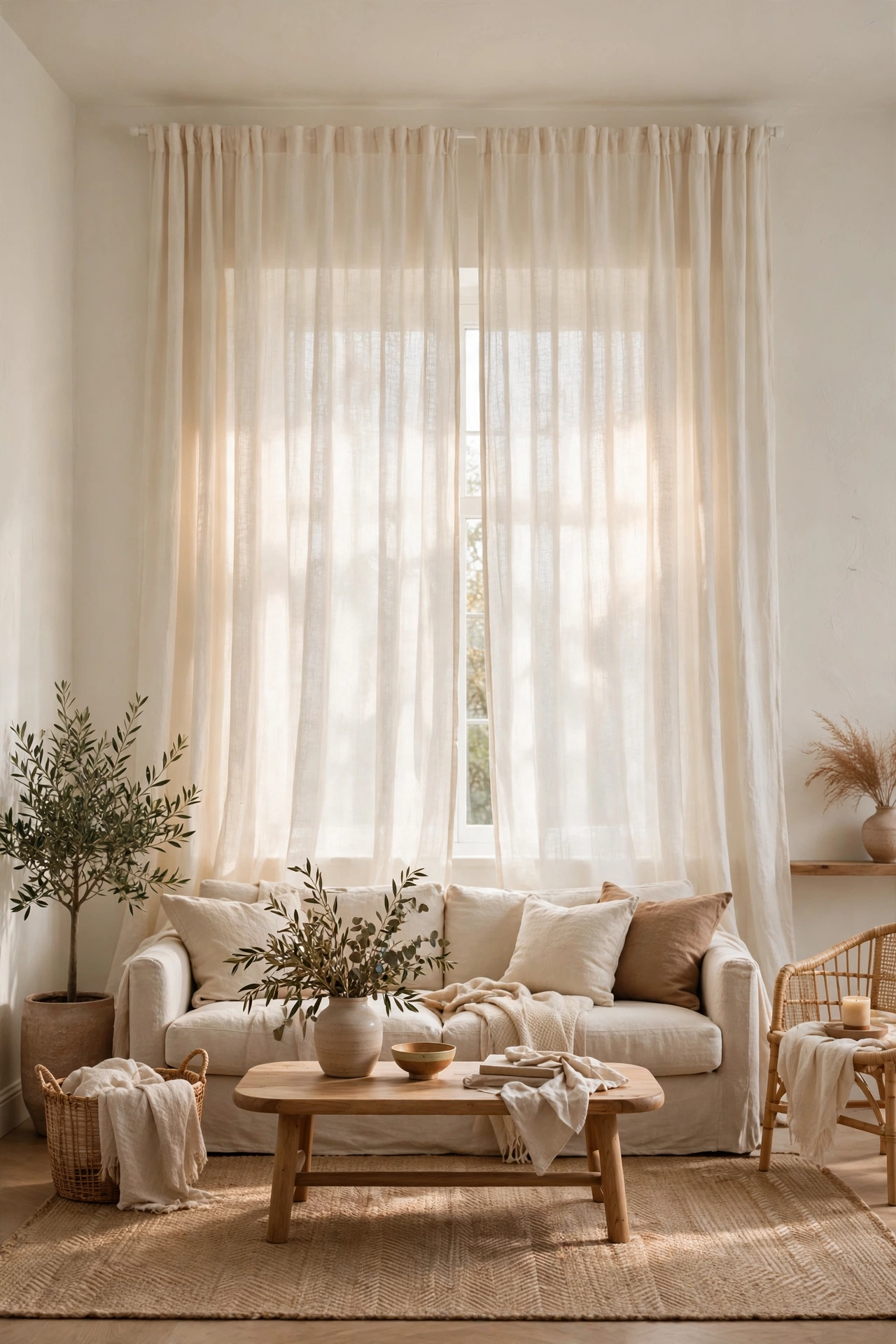 Ivory linen curtains hung high in warm white living room, budget window treatment