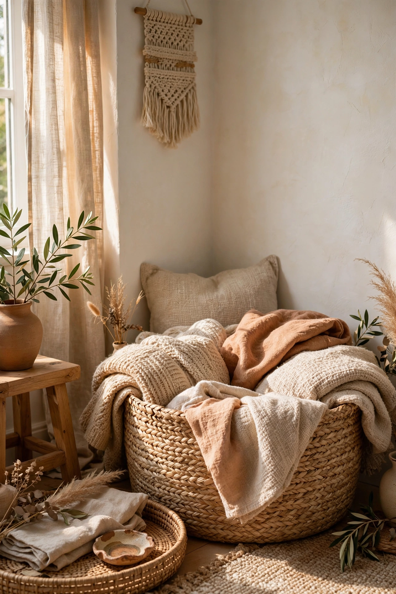 Seagrass basket and woven textures in warm white living room, affordable decor