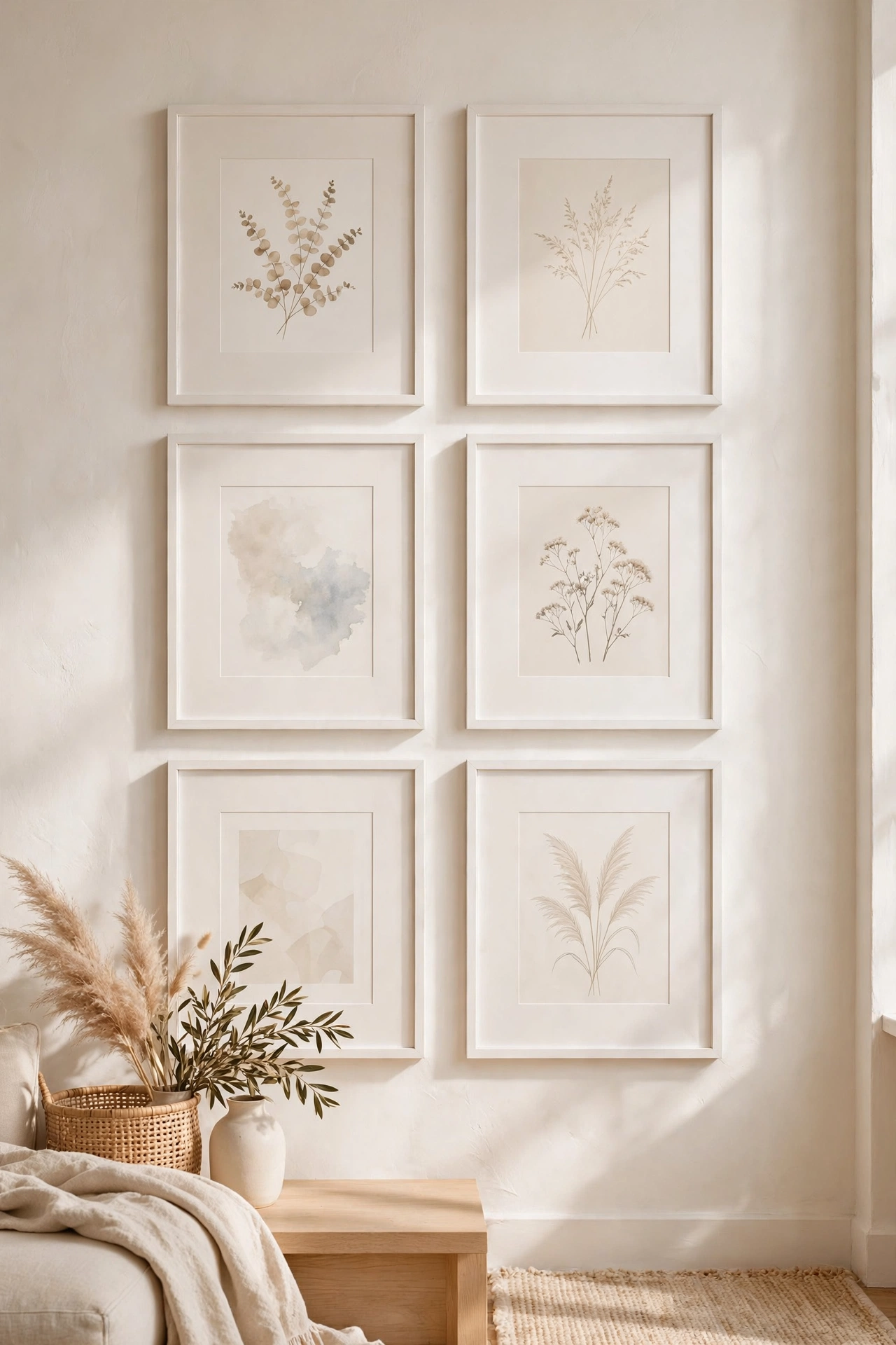 Gallery wall with wide white mats in warm white living room, budget art