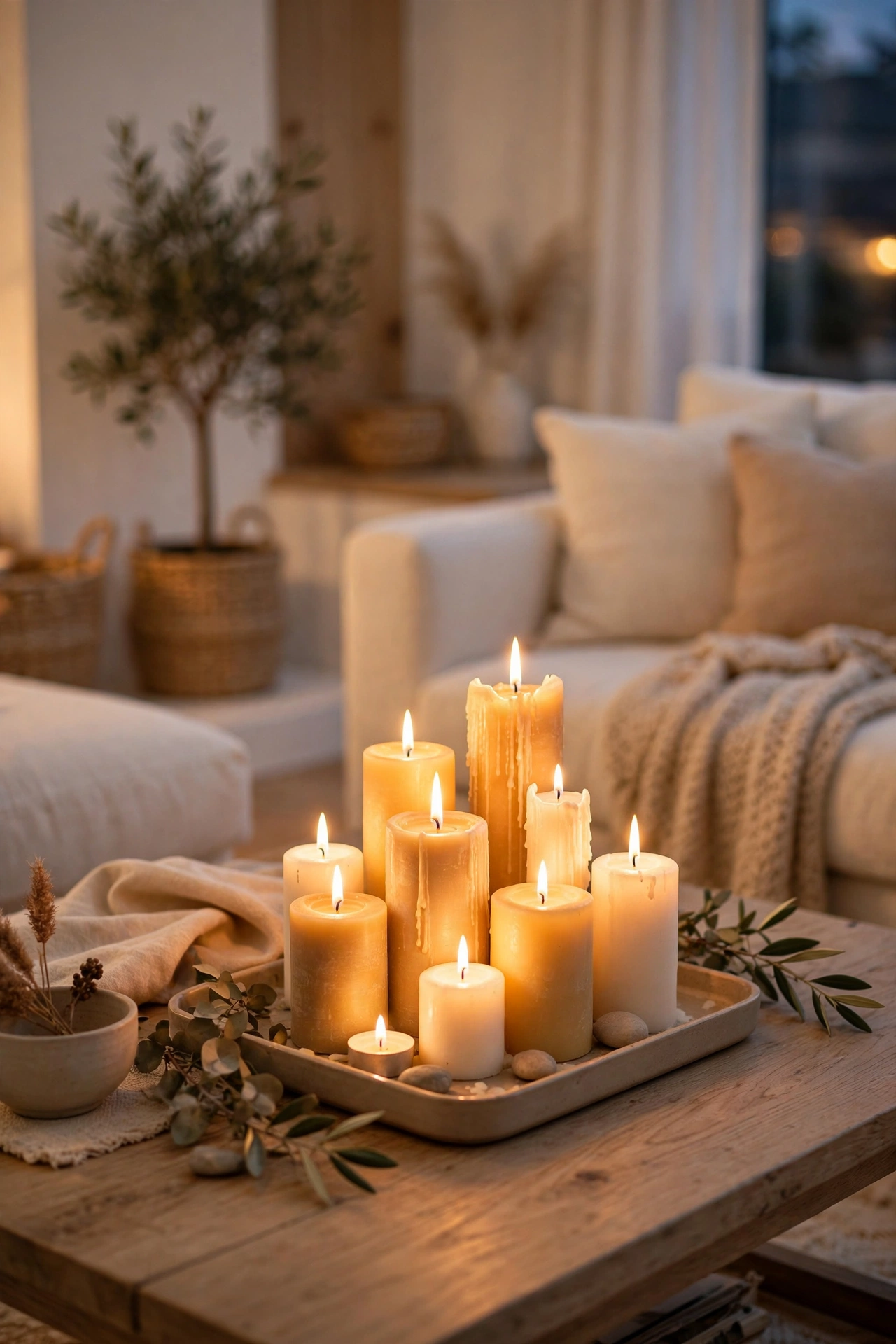 Clustered candles glowing on tray in warm white living room, cozy budget decor