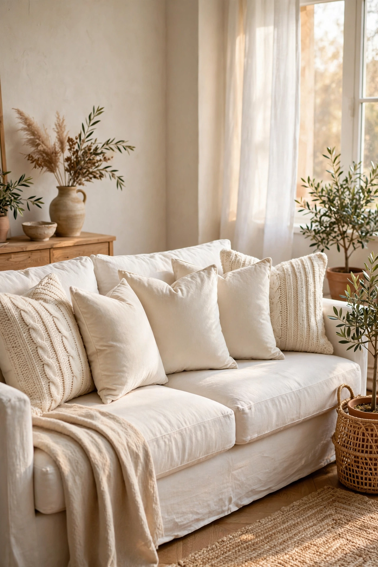Ivory pillows in linen knit and velvet on sofa, warm white living room styling