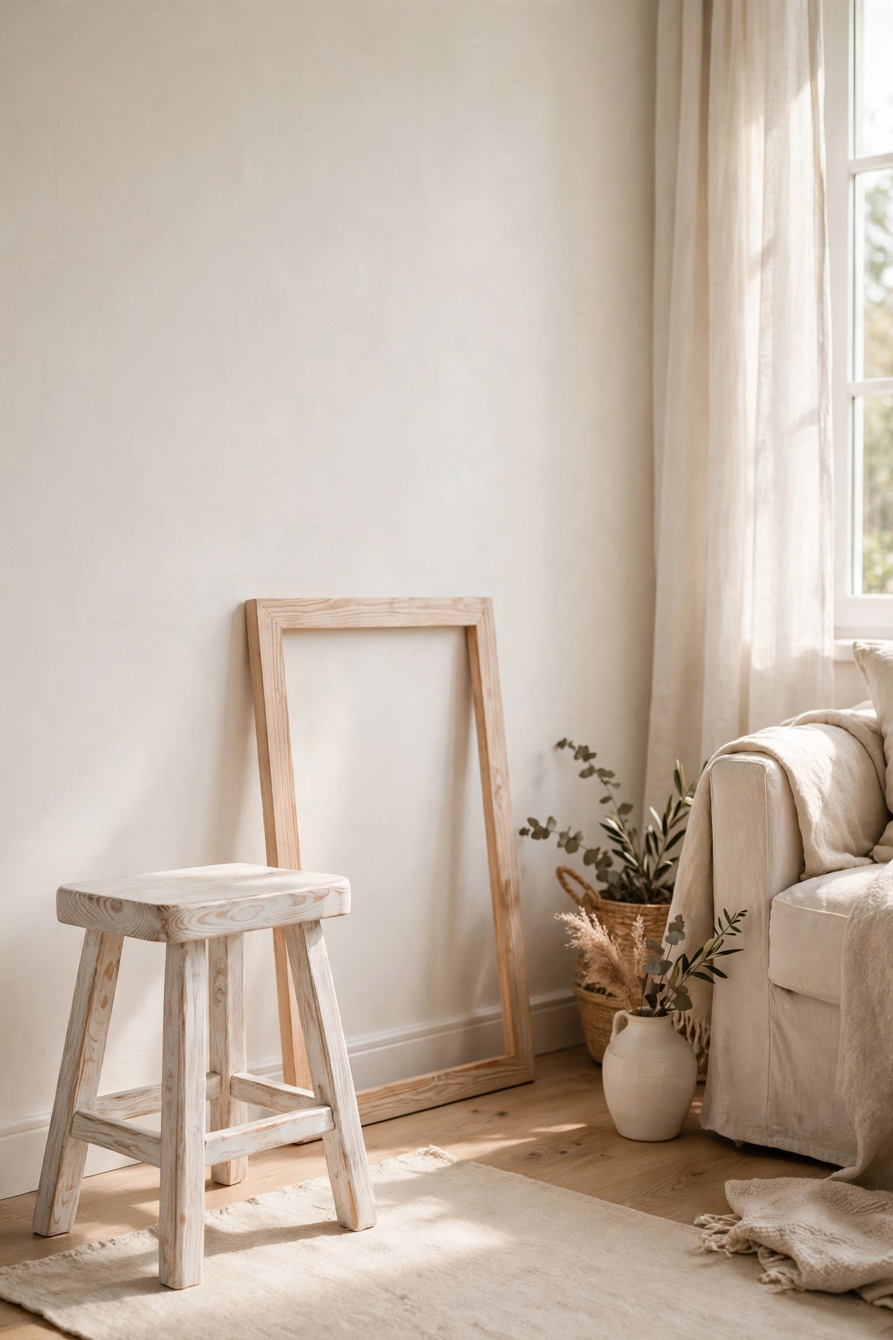 Whitewashed wooden stool and frame in warm white living room, DIY budget decor