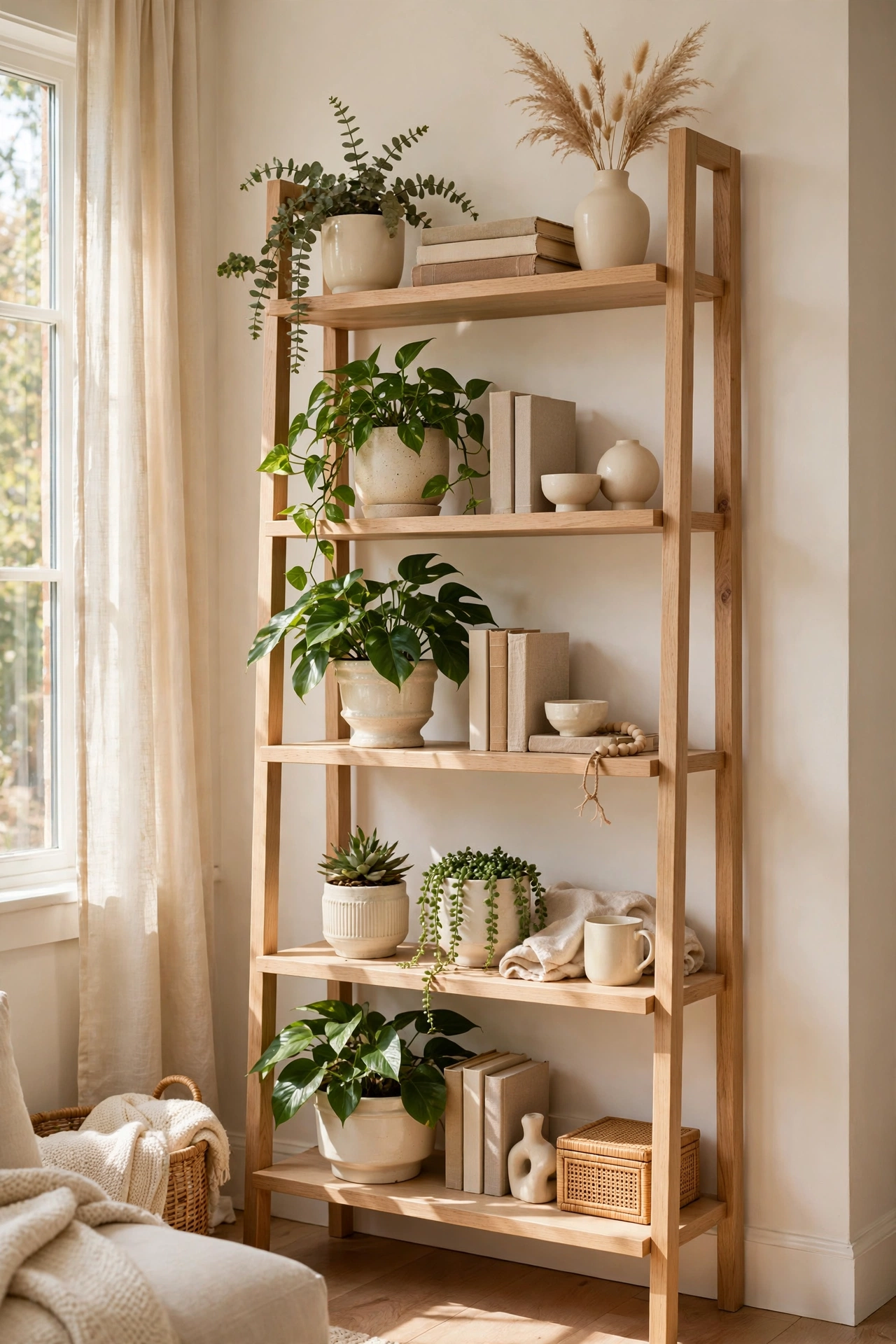 Bookshelf styled with cream ceramics and plants in warm white living room