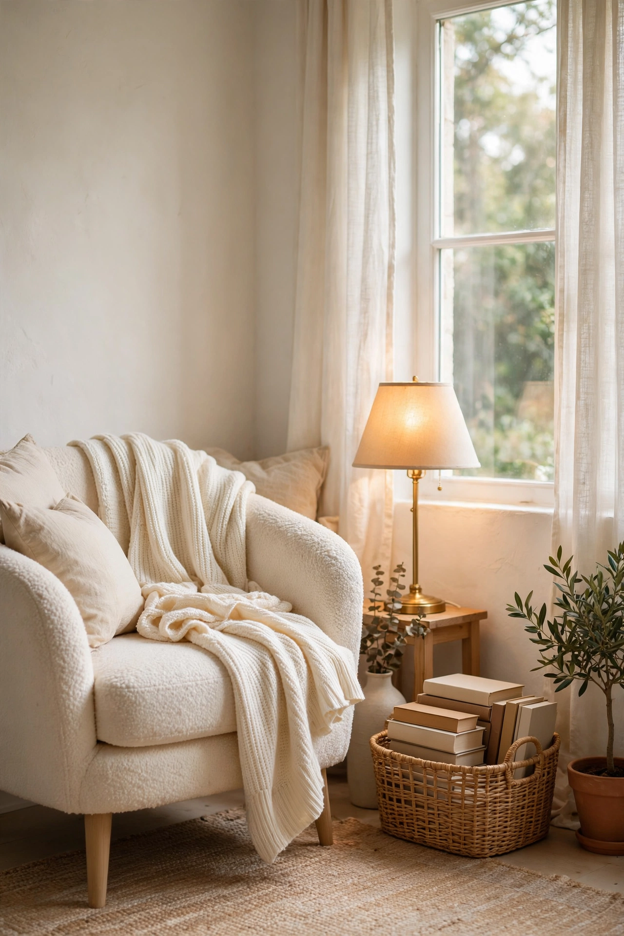 Cozy reading nook with cream chair and warm lamp in white living room corner