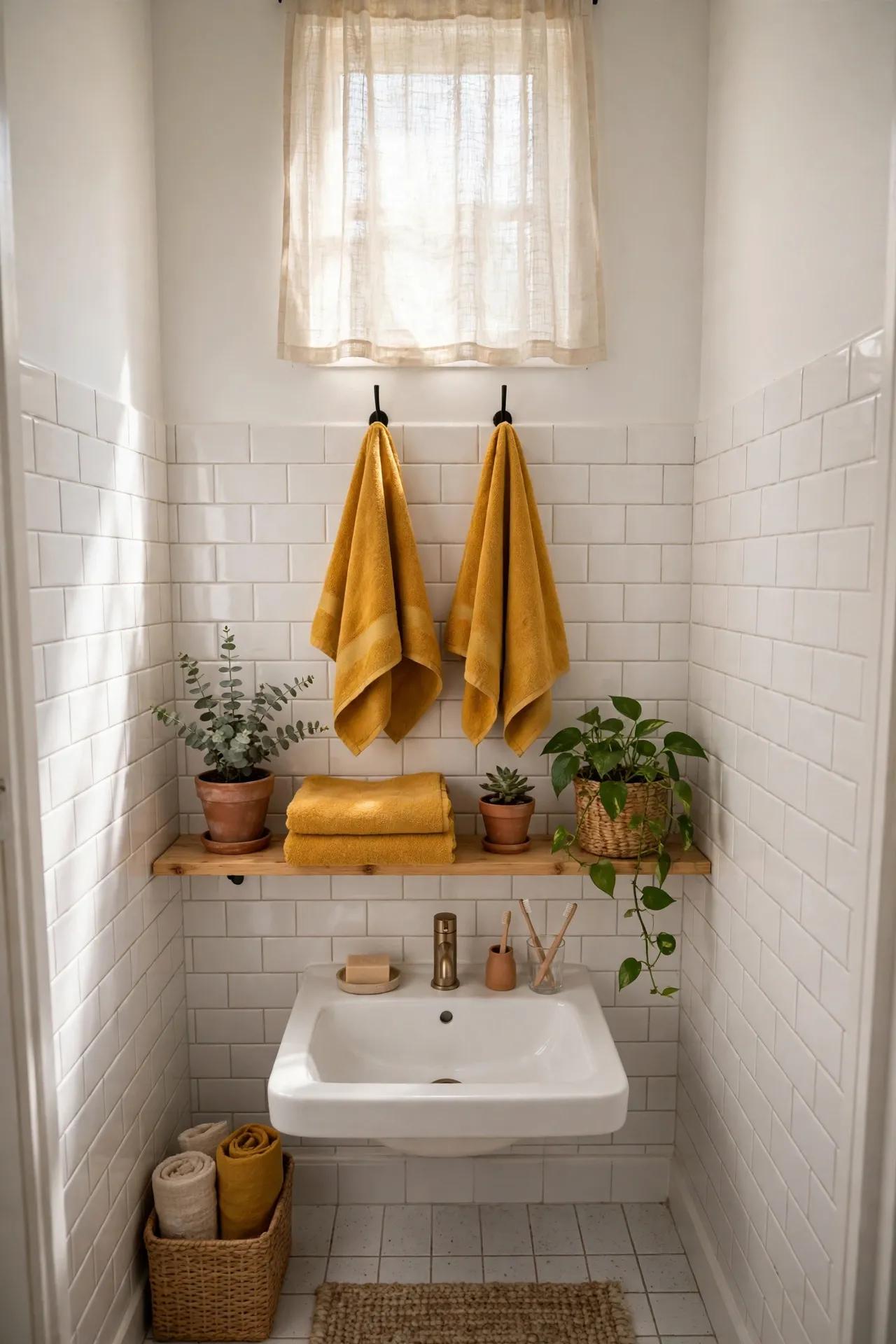 Mustard Towels Against a White Bathroom in a budget-friendly bathroom with natural light