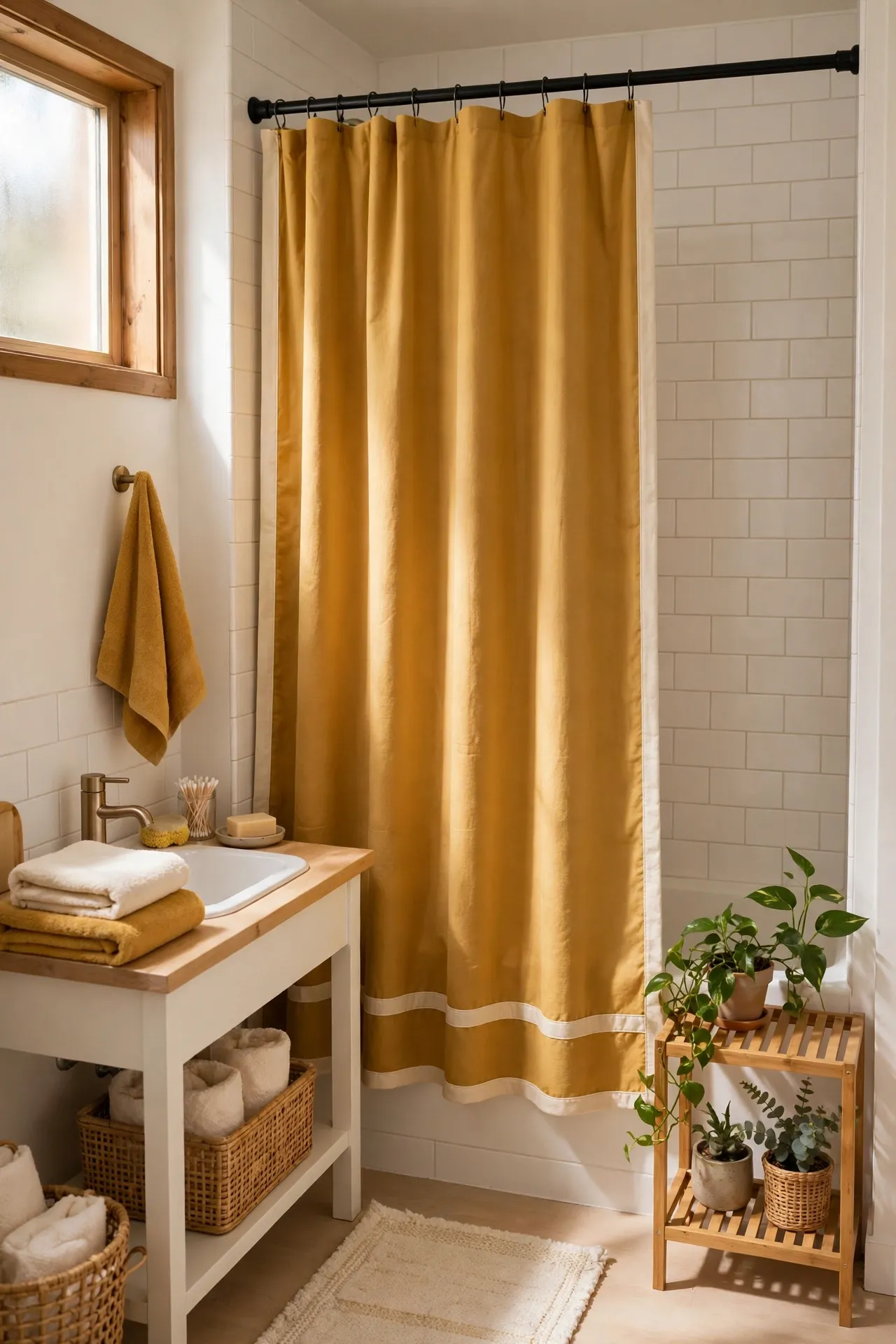 Mustard Shower Curtain With Cream Trim in a budget-friendly bathroom with natural light