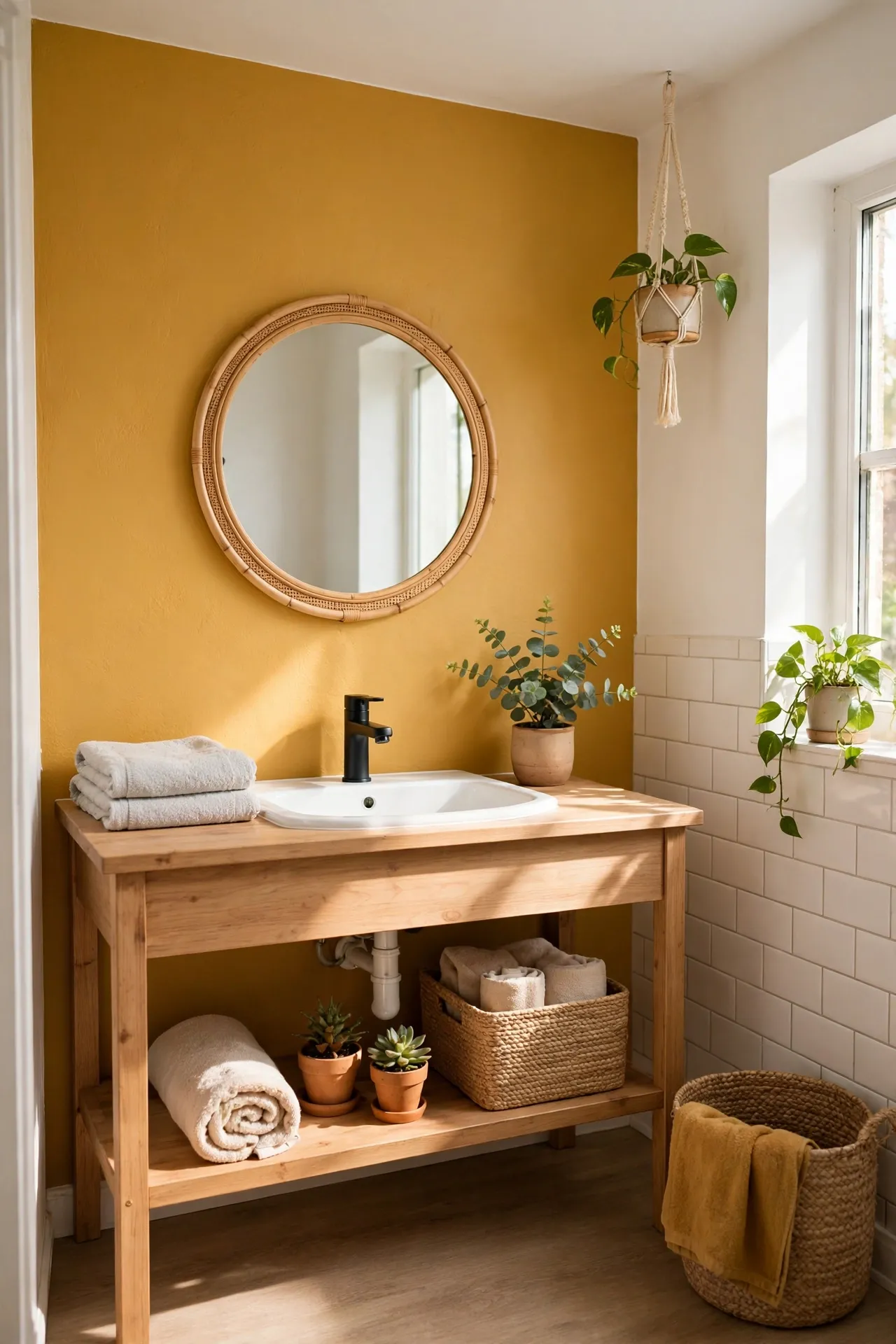 Mustard Accent Wall Behind the Vanity in a budget-friendly bathroom with natural light