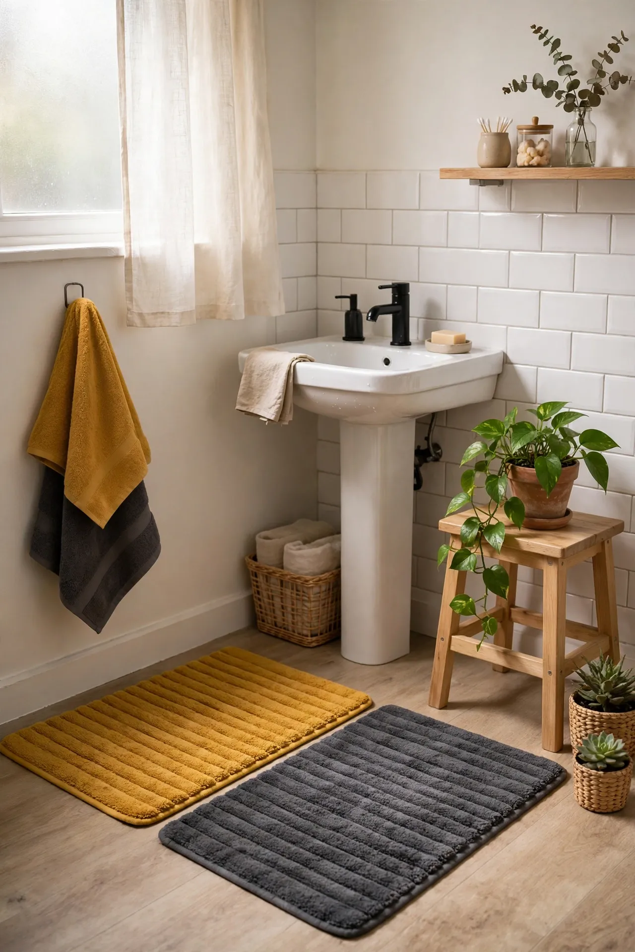 Mustard and Charcoal Bath Mat Pair in a budget-friendly bathroom with natural light