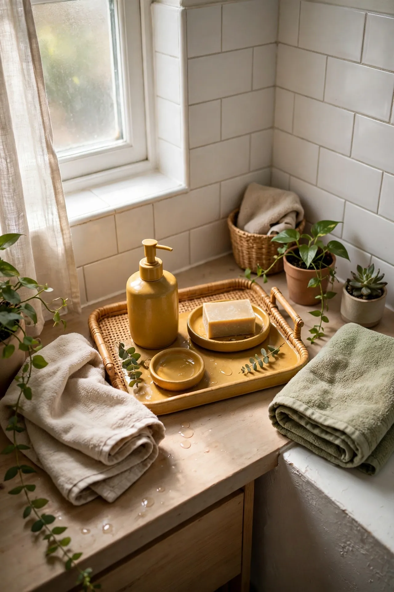 Mustard Ceramic Soap Set on a Tray in a budget-friendly bathroom with natural light