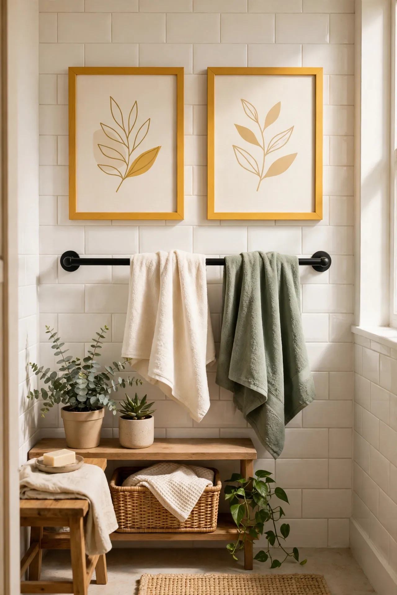 Mustard Framed Art Prints Over the Towel Rail in a budget-friendly bathroom with natural light