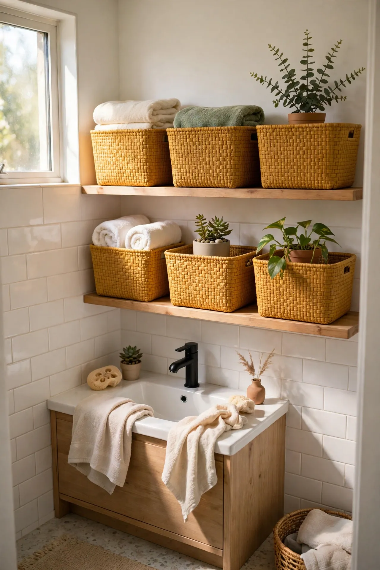 Mustard Storage Baskets on Open Shelves in a budget-friendly bathroom with natural light