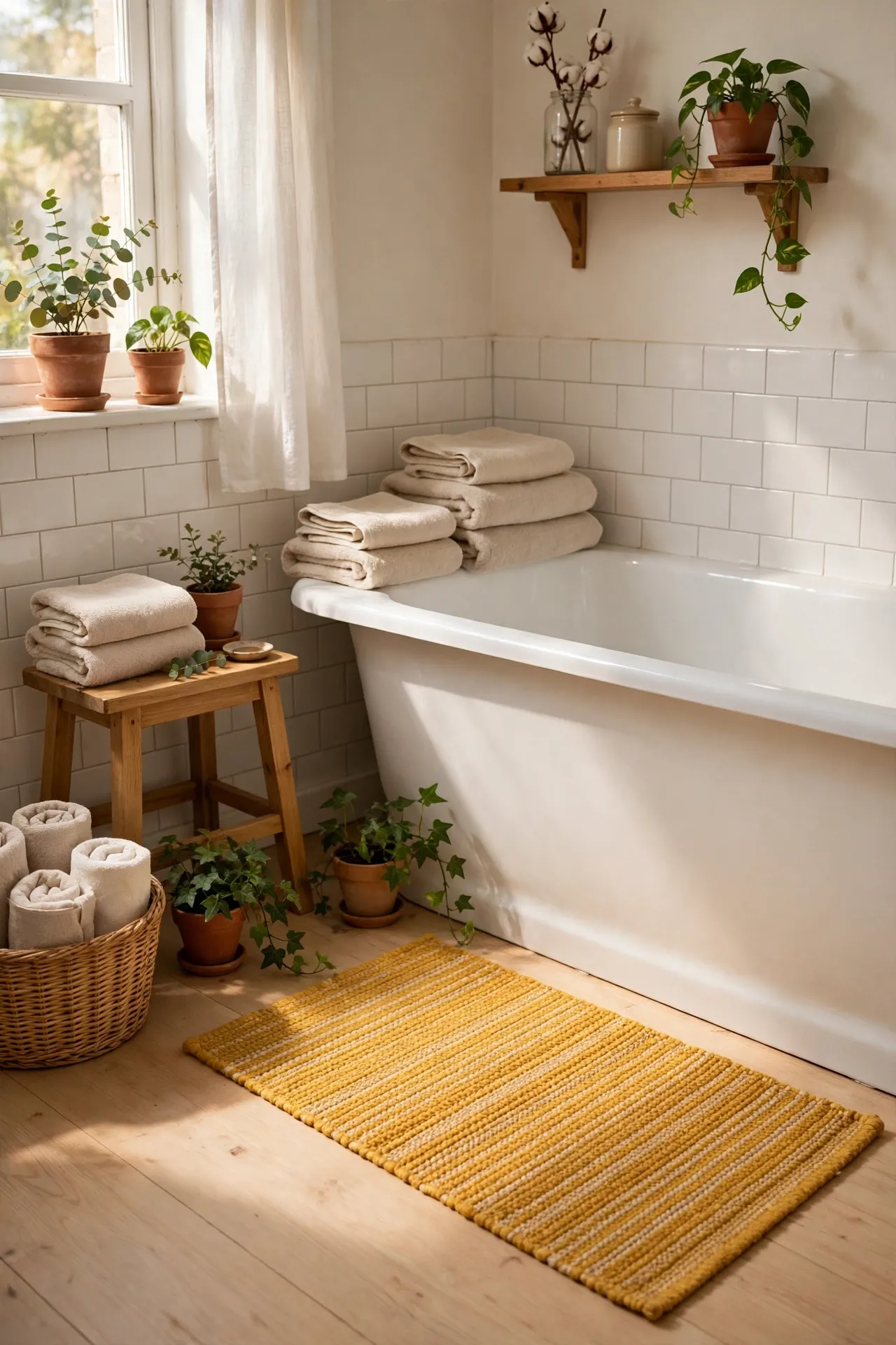 Mustard Bath Runner Beside the Tub in a budget-friendly bathroom with natural light