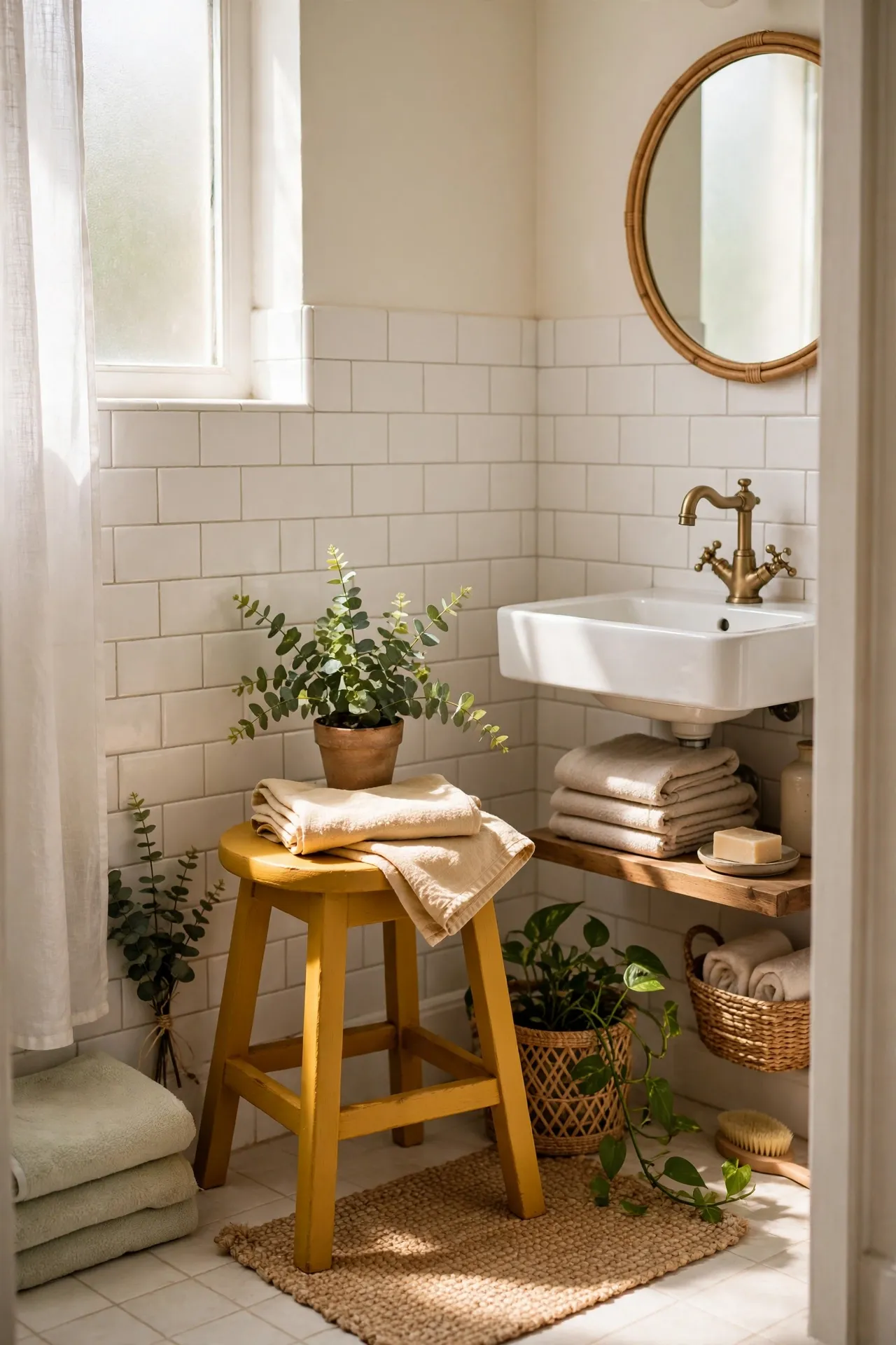 Mustard Painted Stool for the Vanity Corner in a budget-friendly bathroom with natural light