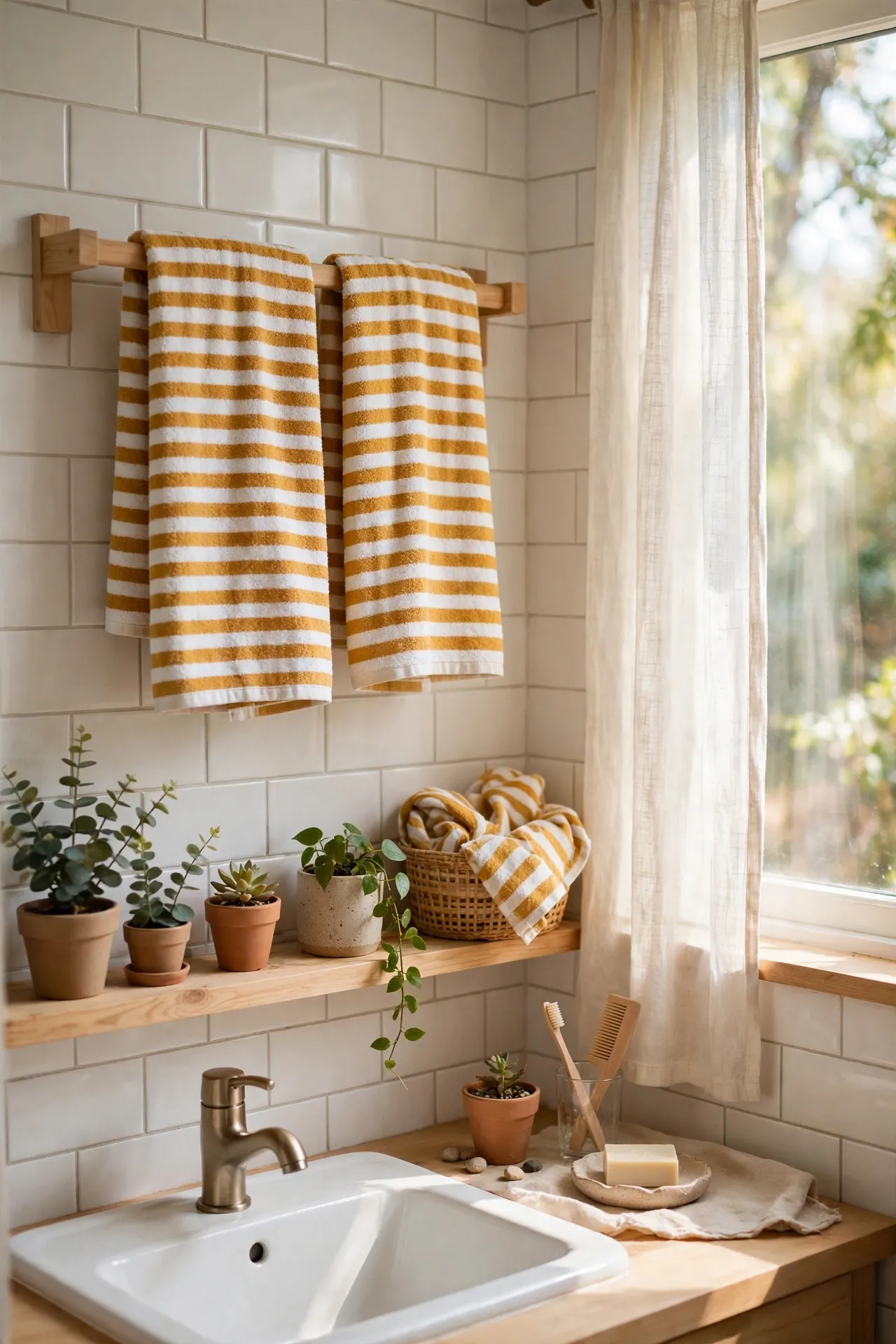 Mustard and White Striped Hand Towels in a budget-friendly bathroom with natural light