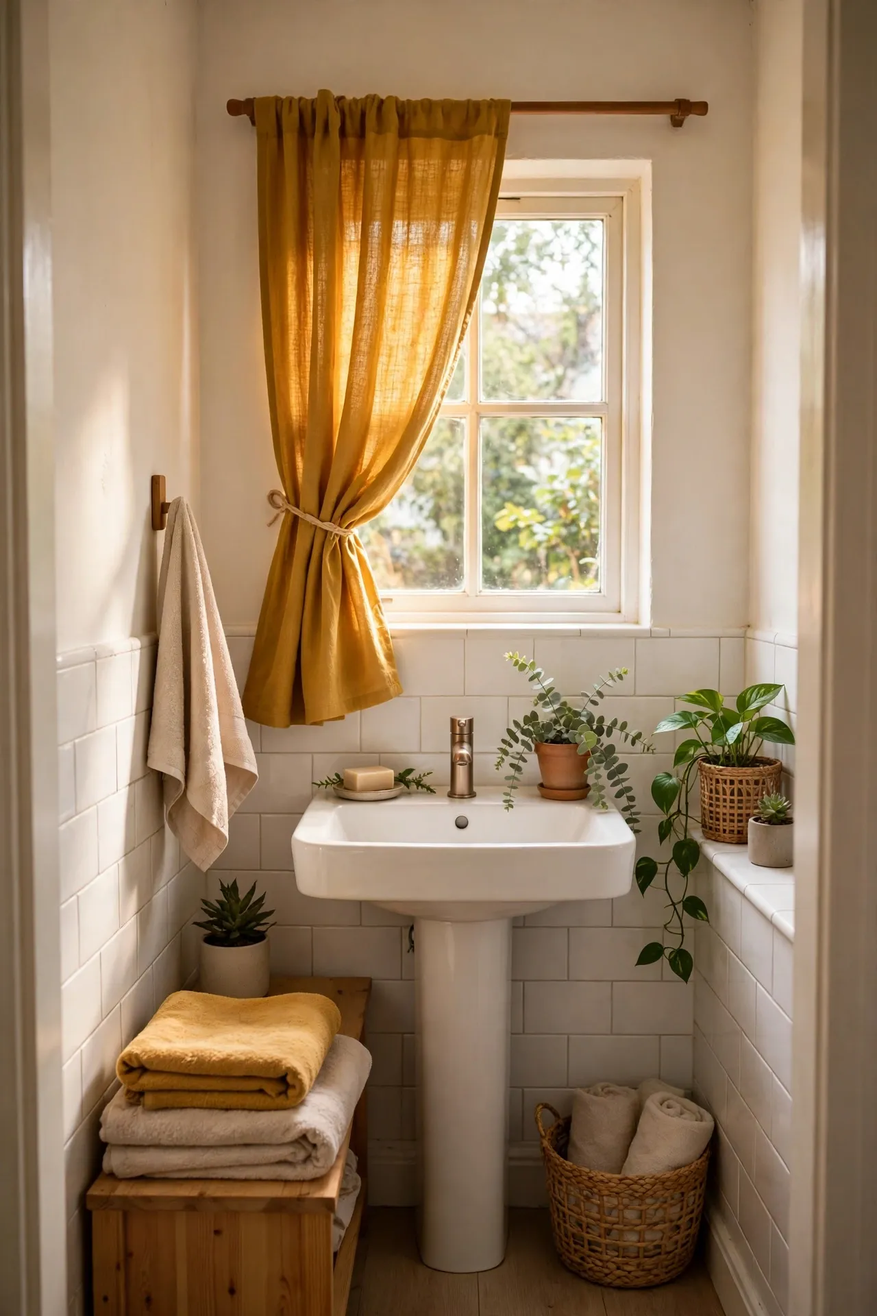 Mustard Window Curtain for Warm Light in a budget-friendly bathroom with natural light