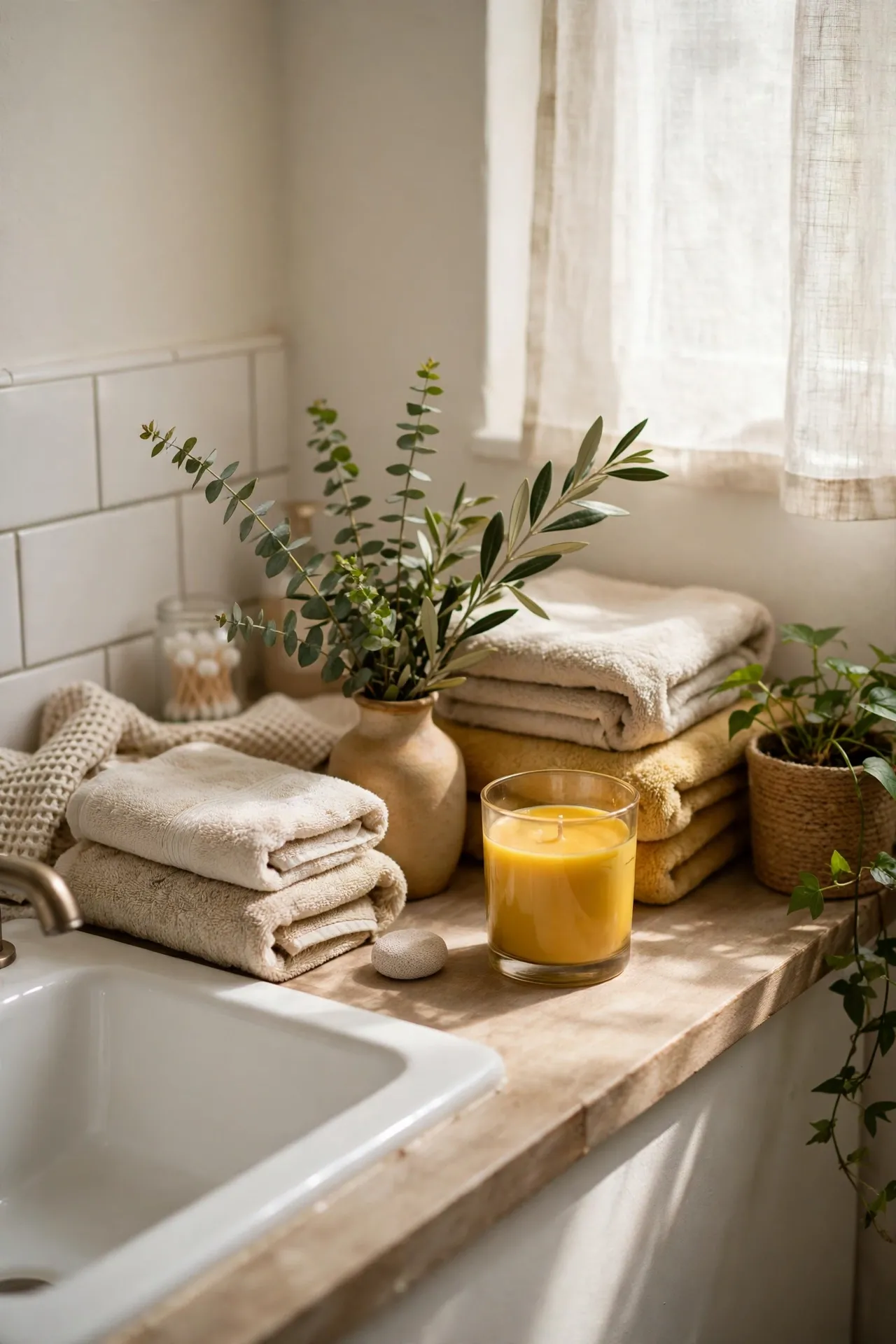 Mustard Candle and Vase Vignette in a budget-friendly bathroom with natural light