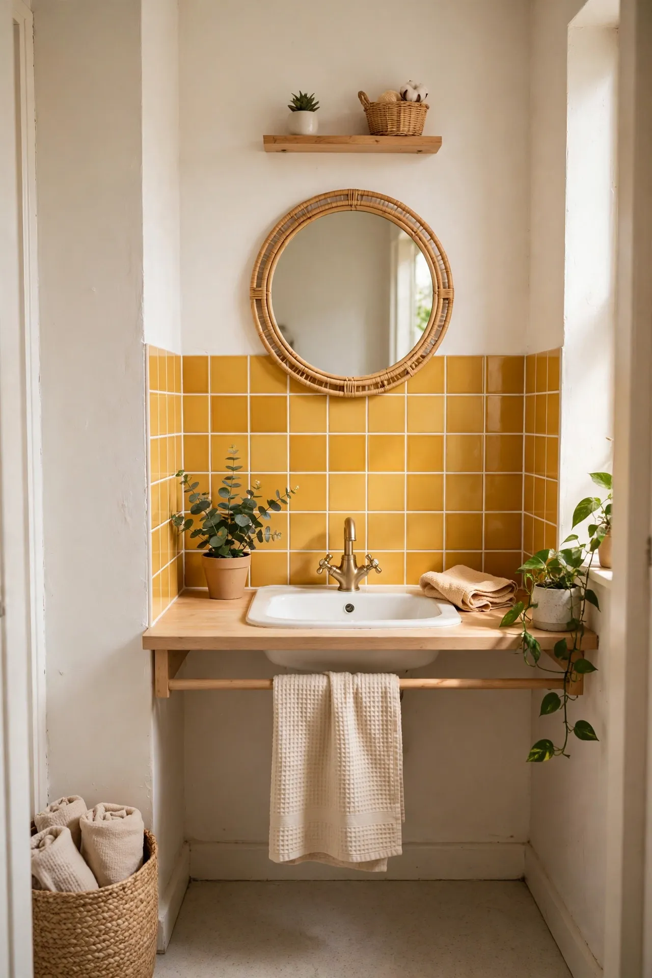 Mustard Tile Stickers on a Plain Splashback in a budget-friendly bathroom with natural light