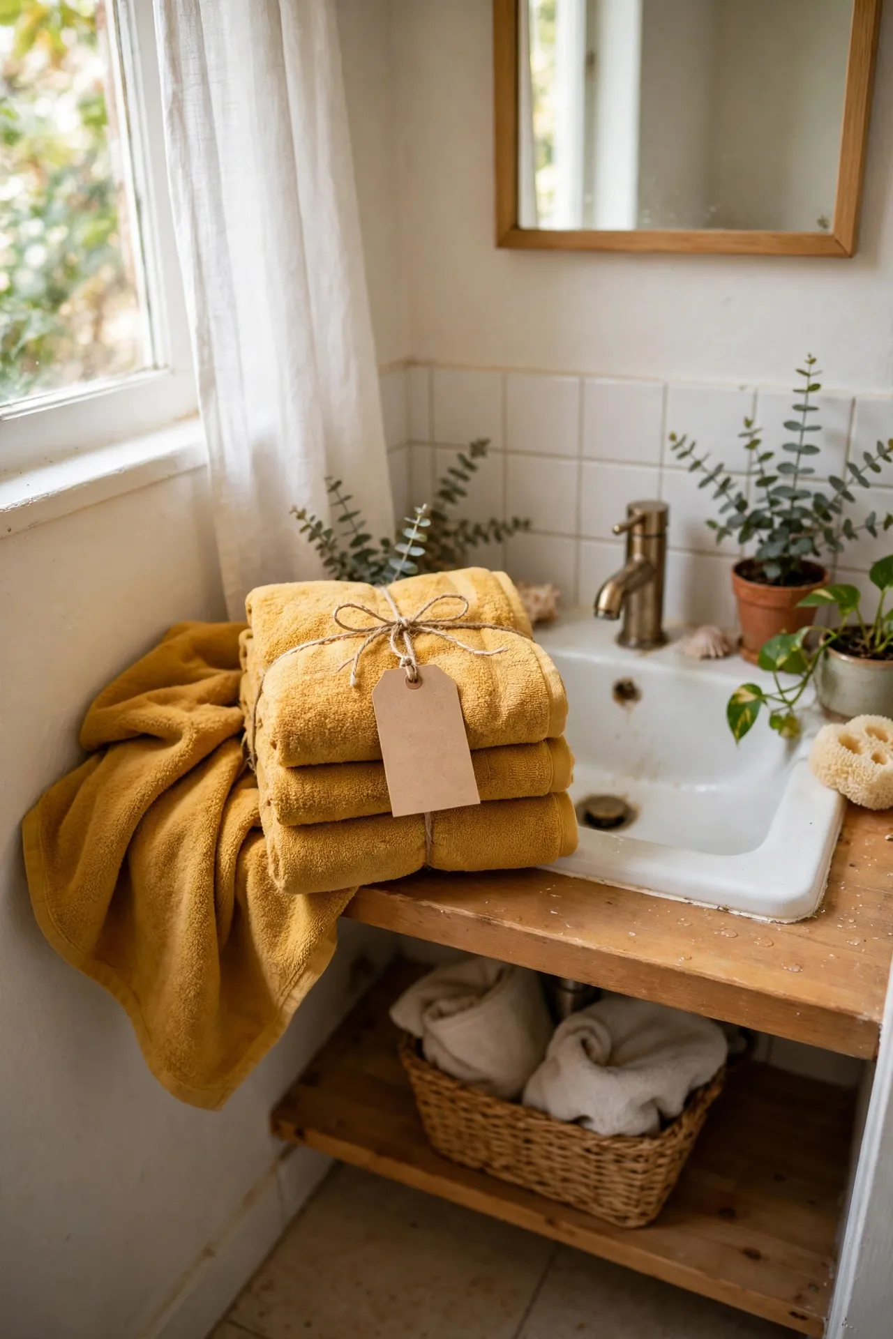 Mustard Guest Towel Bundle With a Tag in a budget-friendly bathroom with natural light