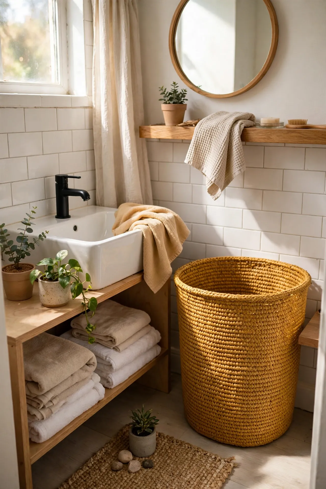 Mustard Woven Laundry Hamper in a budget-friendly bathroom with natural light
