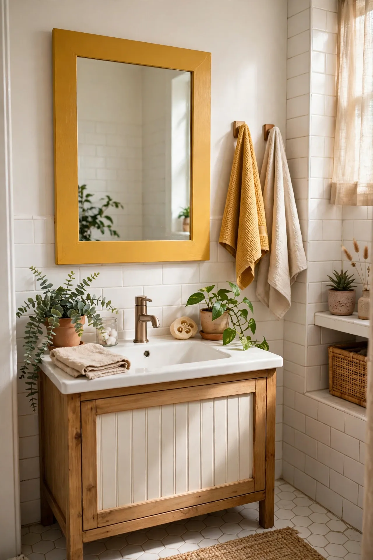 Mustard Mirror Frame Paint Refresh in a budget-friendly bathroom with natural light