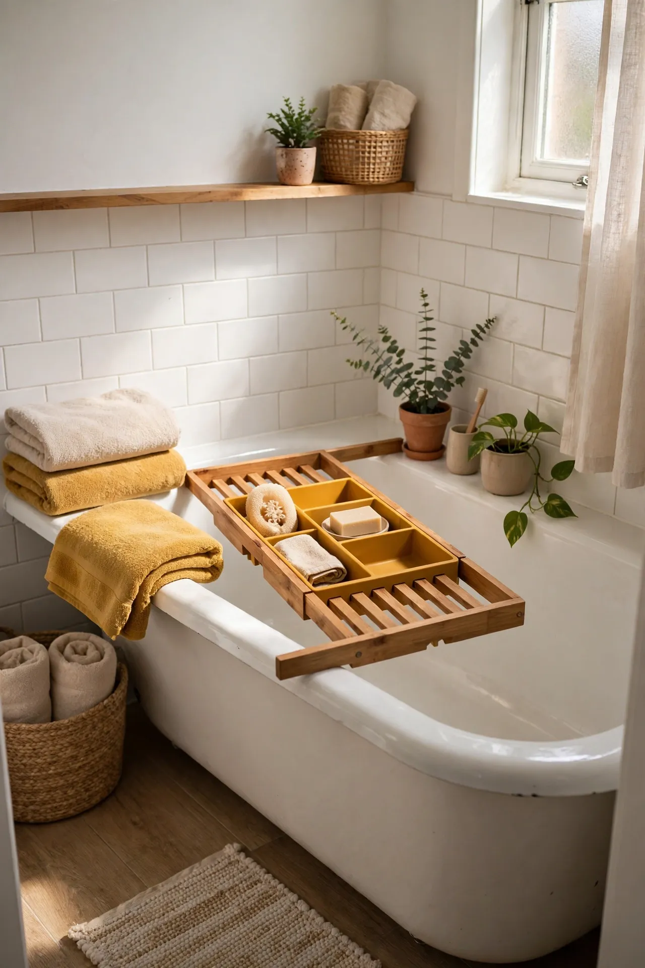 Mustard and Timber Bath Caddy in a budget-friendly bathroom with natural light