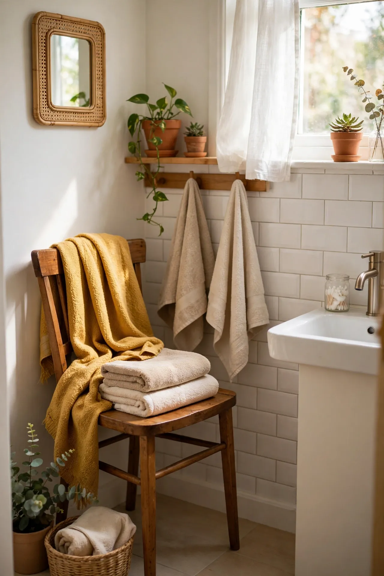 Mustard Throw Over a Bathroom Chair in a budget-friendly bathroom with natural light