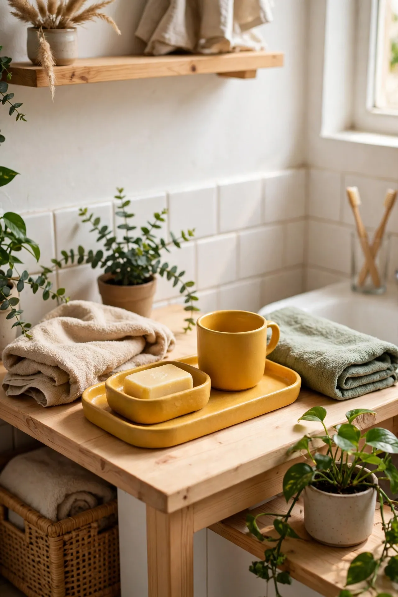 Mustard Soap Dish, Cup and Tray Set in a budget-friendly bathroom with natural light