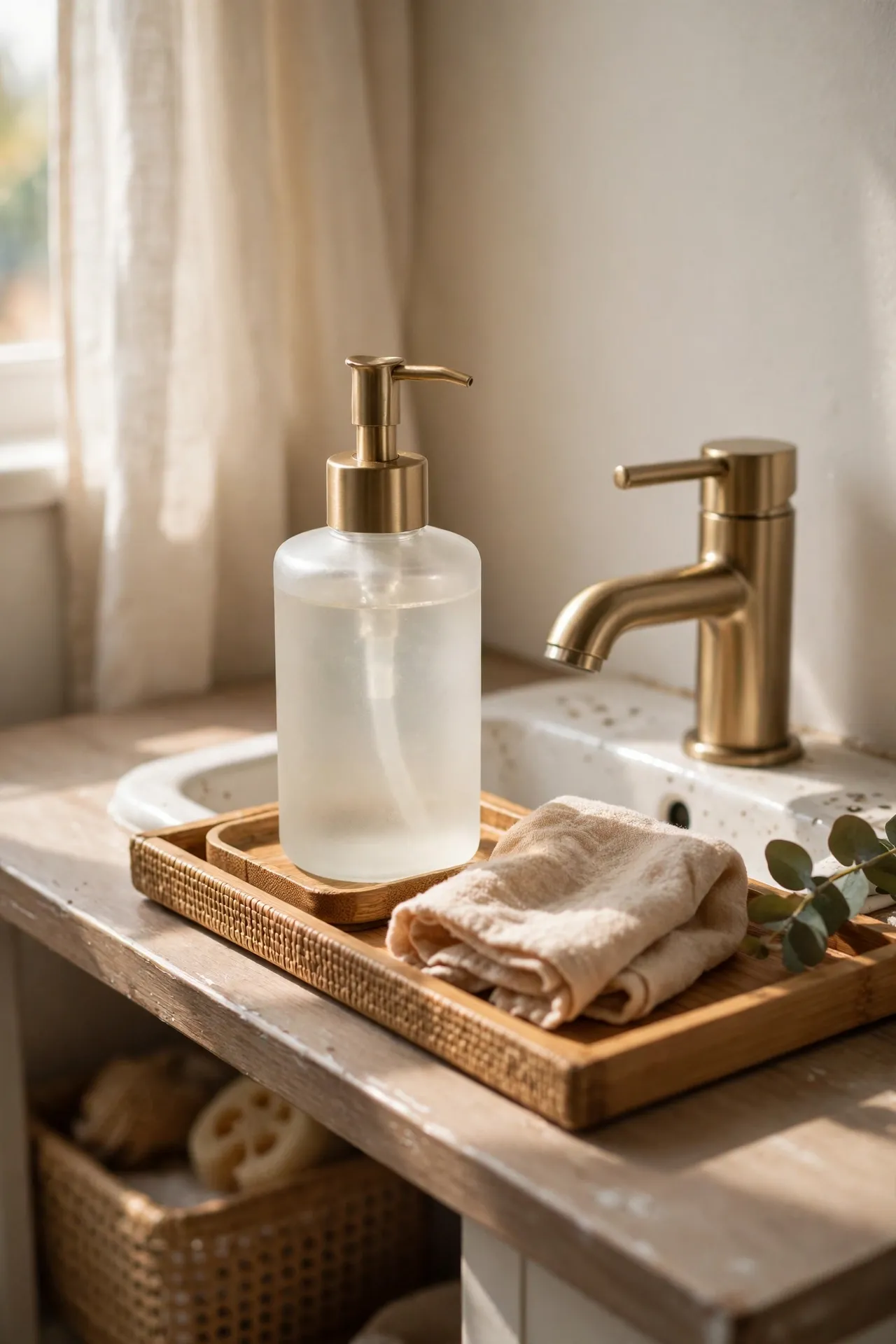 Frosted glass soap dispenser beside a bathroom sink faucet