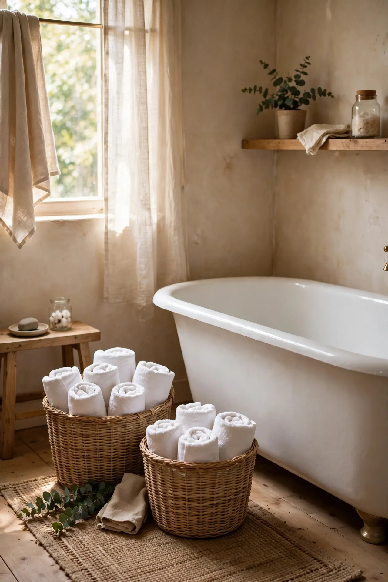 Woven baskets holding neatly rolled white bathroom towels