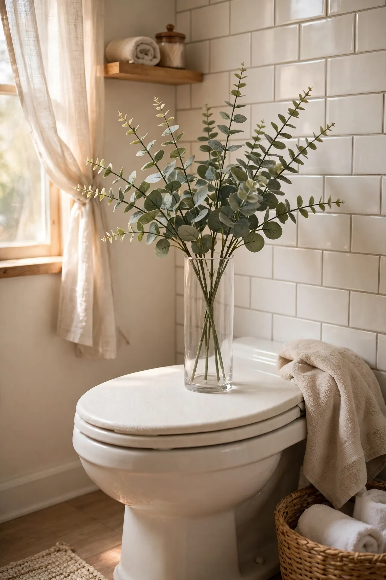 Faux eucalyptus stems in tall glass vase on toilet tank