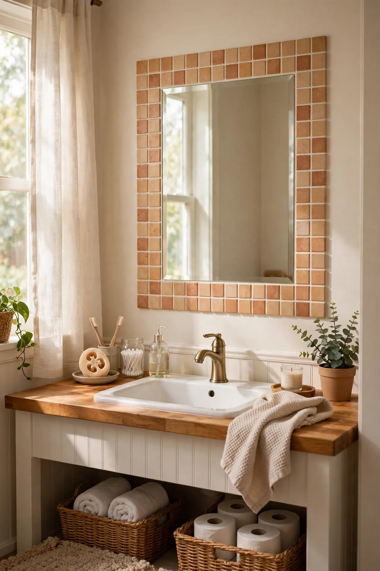 Peel-and-stick tile border framing a plain bathroom mirror