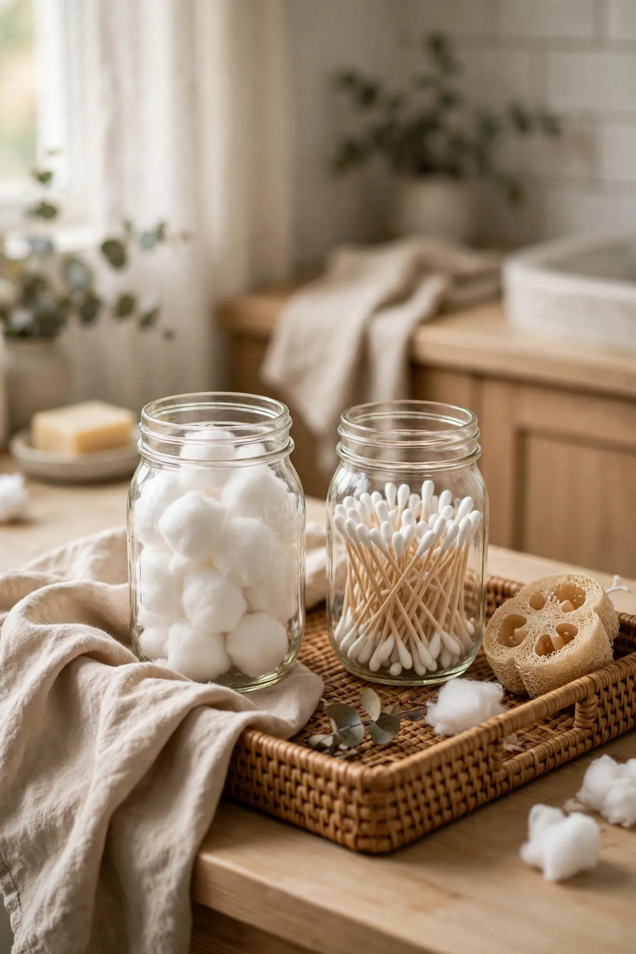 Mason jars holding cotton balls and swabs on vanity
