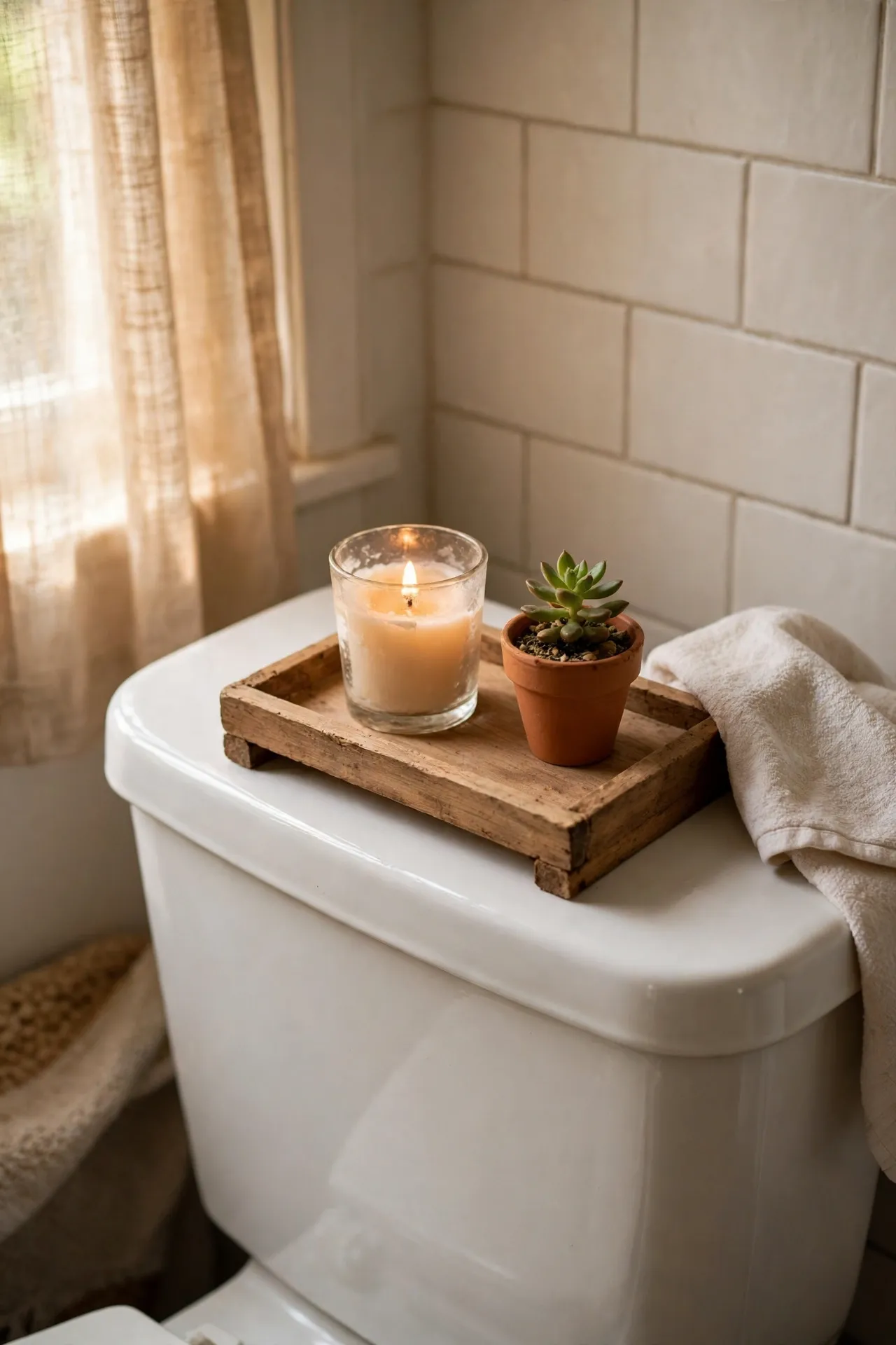 Wooden tray with candle and plant on toilet tank