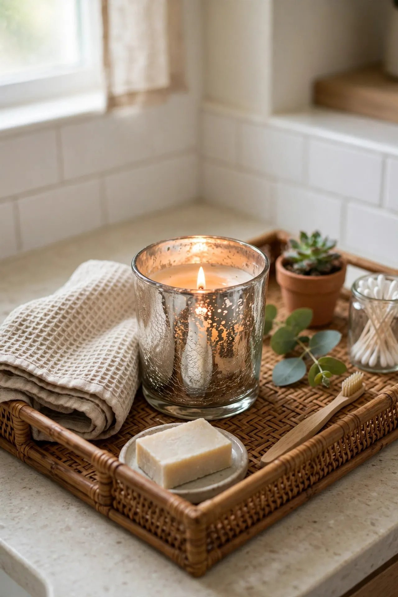 Lit scented candle in mercury glass holder on tray