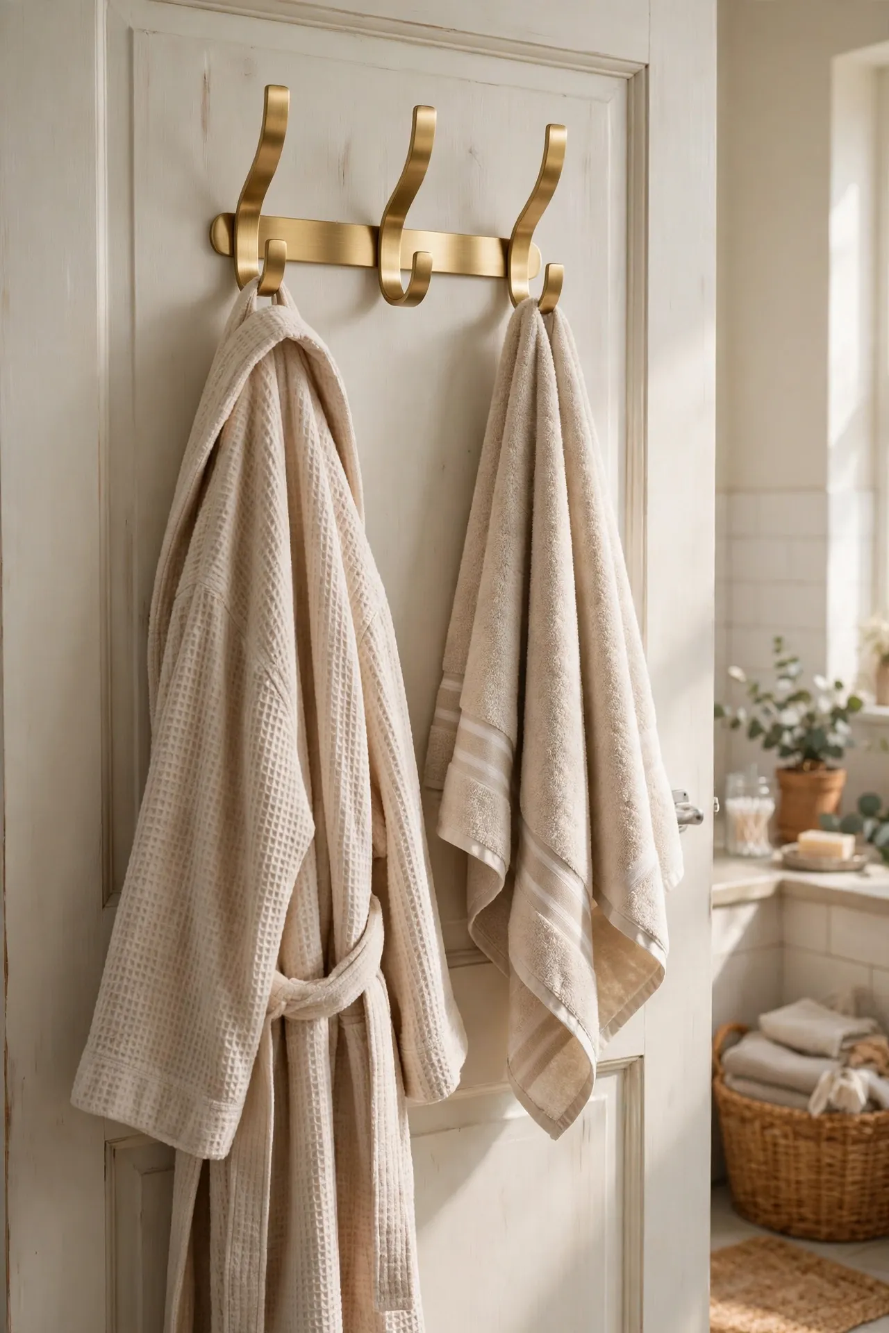 Brushed gold over-door hooks holding towels and robe