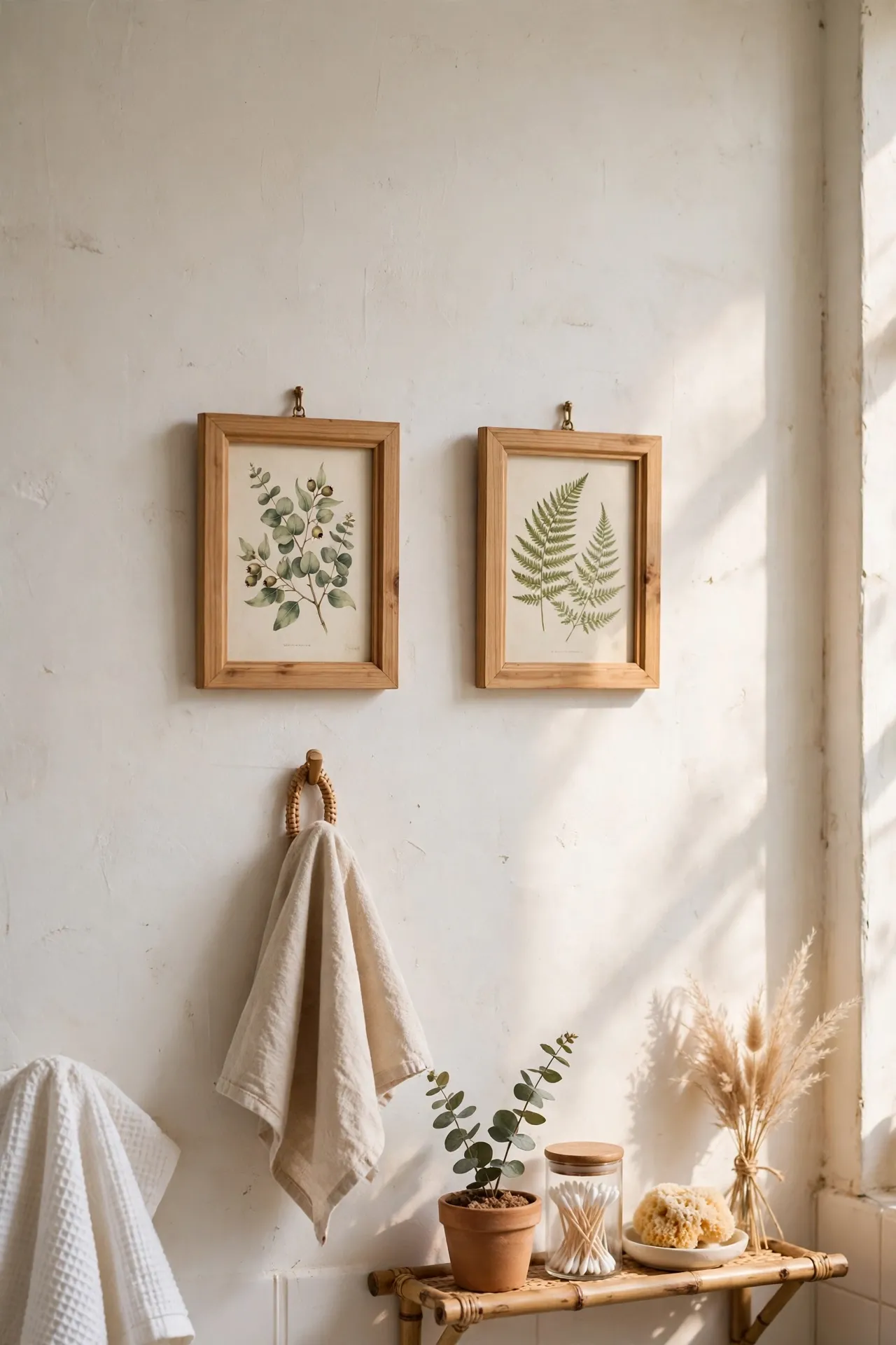 Two framed botanical prints hanging on bathroom wall