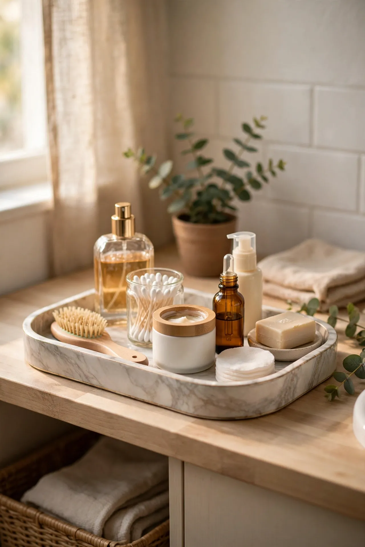 Marble-look tray holding toiletries on bathroom vanity counter