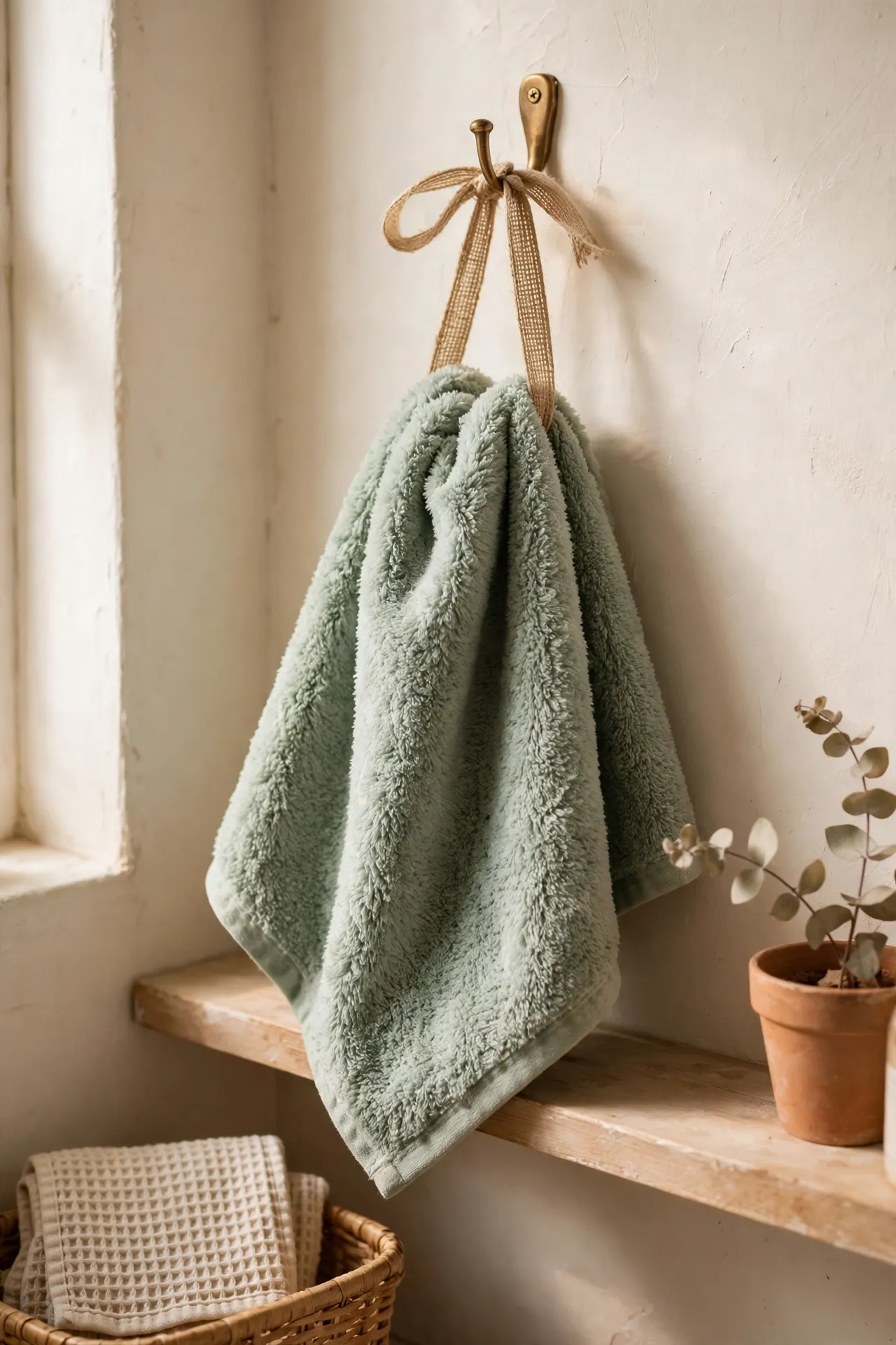 Plush hand towel with ribbon loop hanging on hook