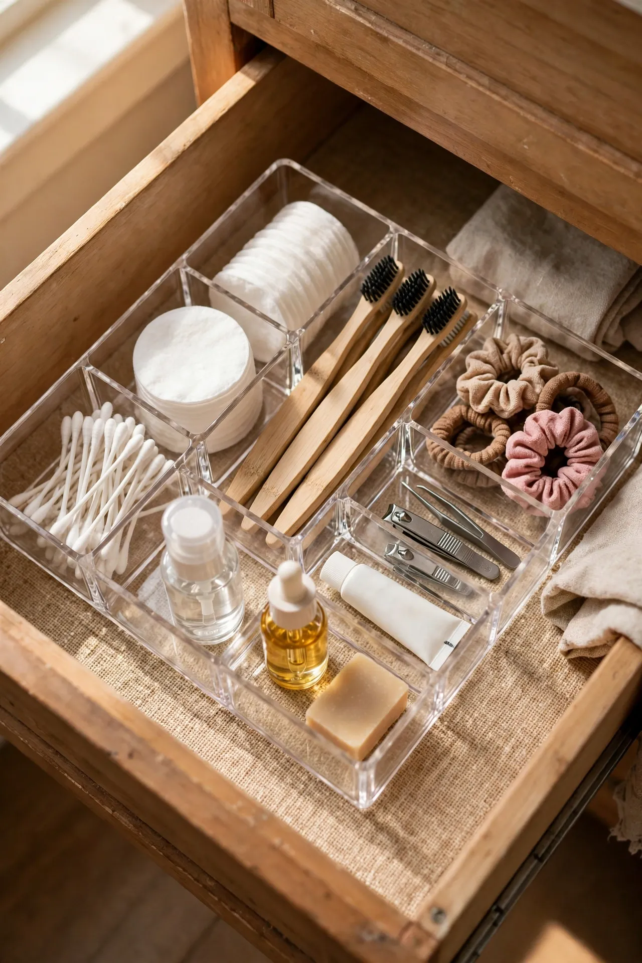 Clear acrylic organizer sorting toiletries inside bathroom drawer