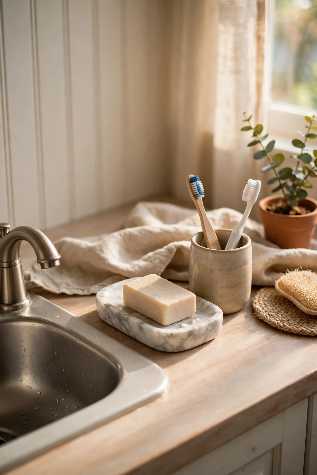 Faux marble soap dish and toothbrush cup by sink