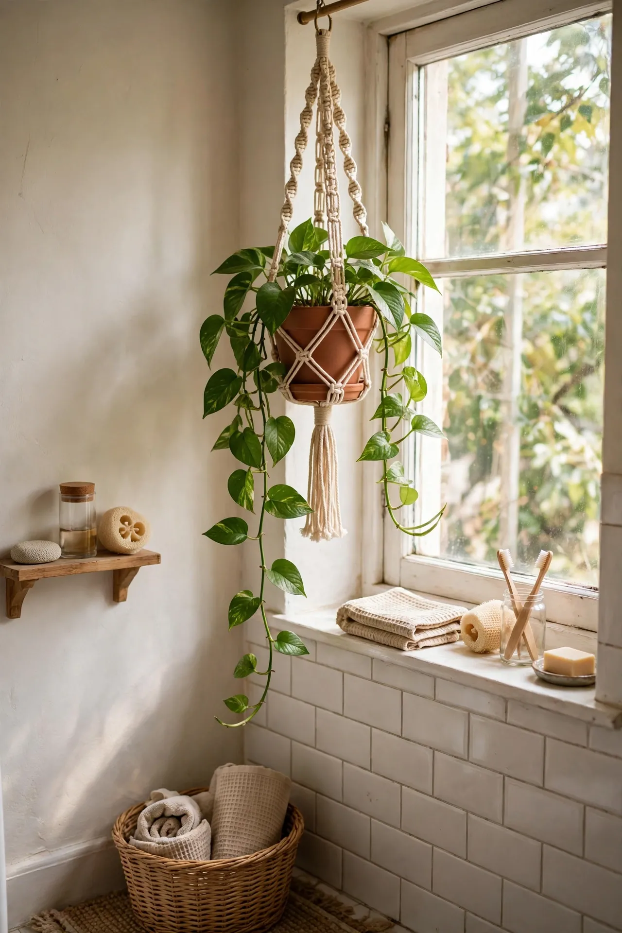 Macrame plant holder with trailing pothos by bathroom window