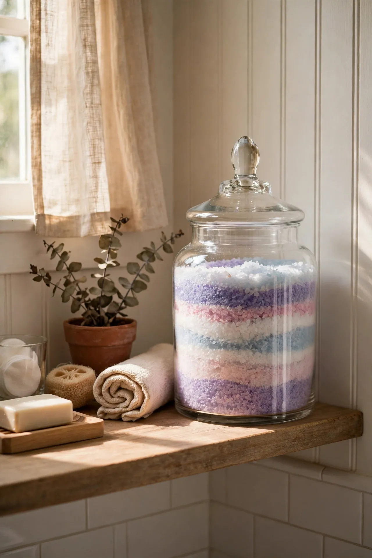 Apothecary jar filled with bath salts on bathroom shelf