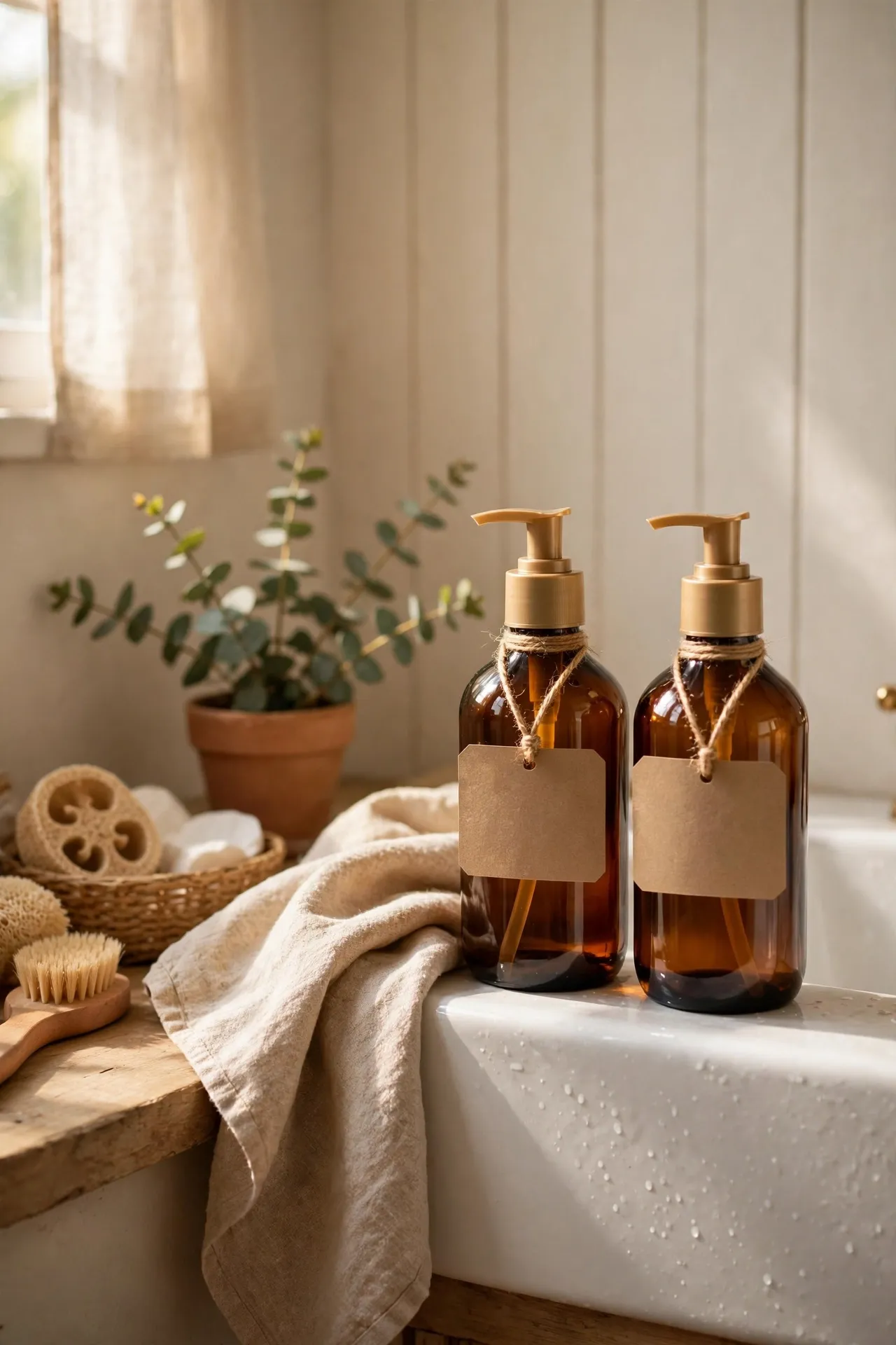 Matching pump bottles with handwritten labels on sink